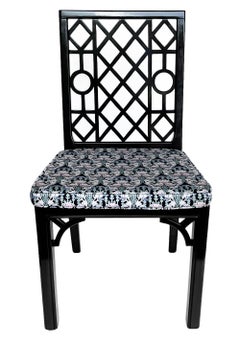 Set of Six Hollywood Regency Chinoiserie Chippendale Dining Chairs in Black