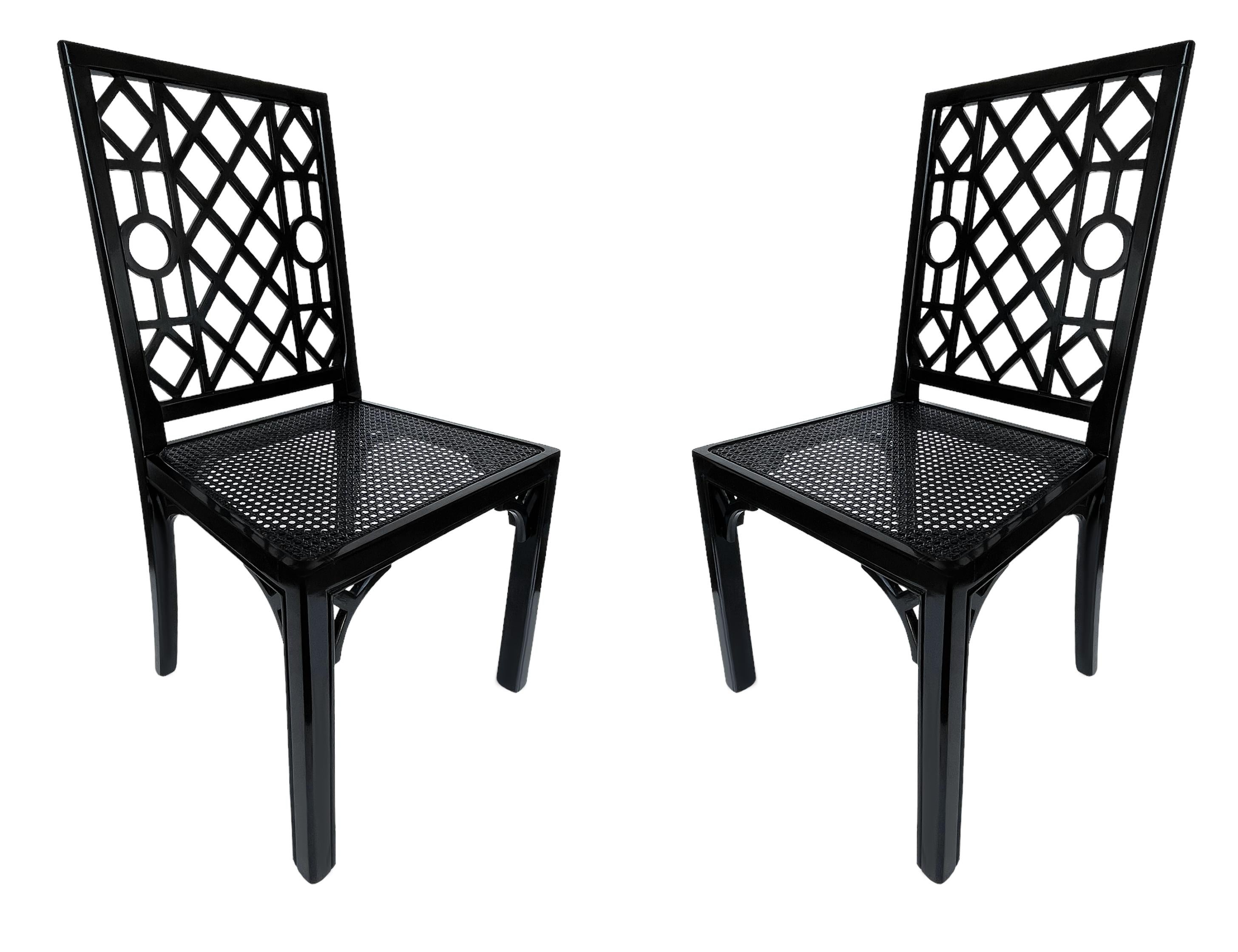 American Set of Six Hollywood Regency Chinoiserie Chippendale Dining Chairs in Black For Sale