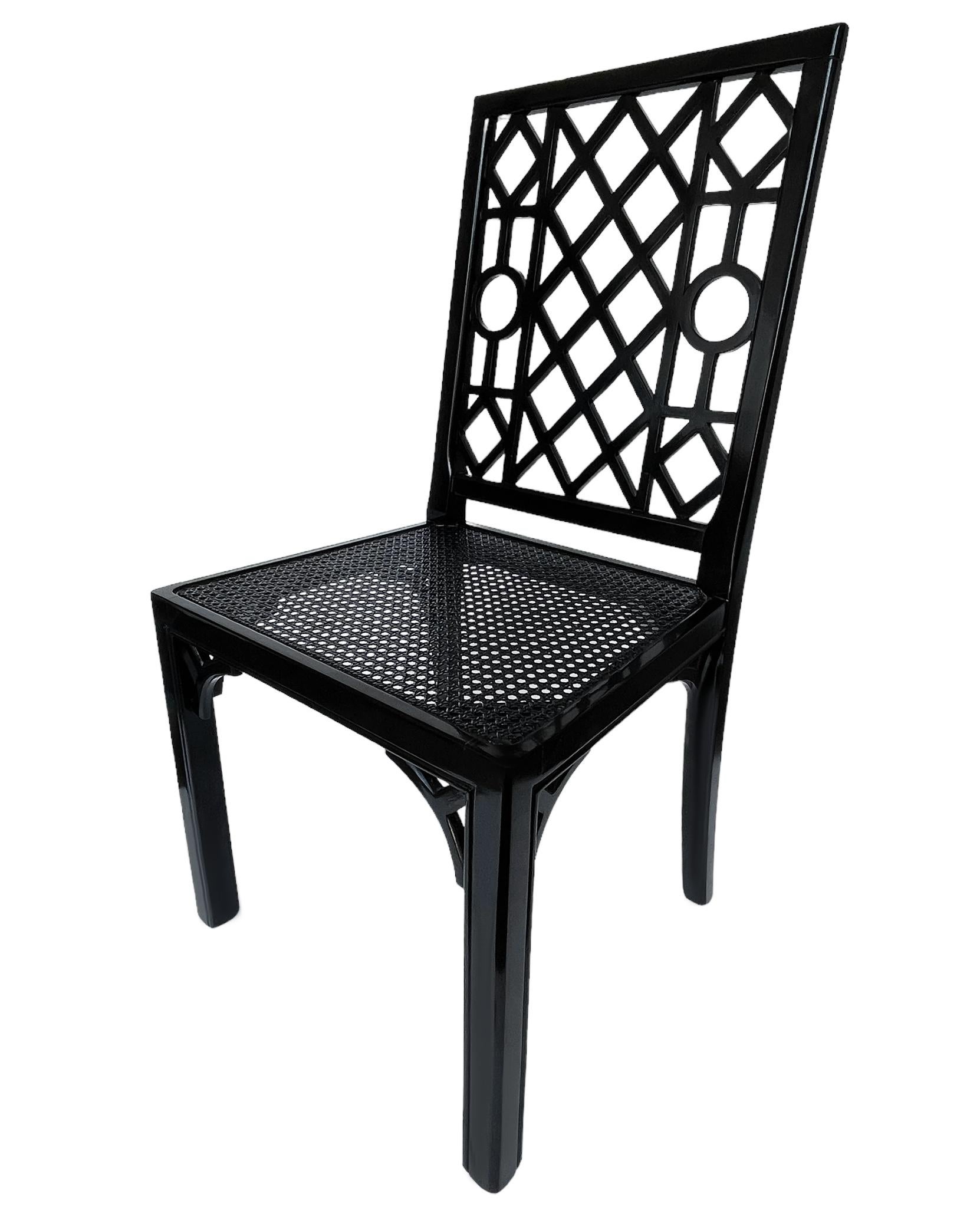 Set of Six Hollywood Regency Chinoiserie Chippendale Dining Chairs in Black For Sale 1