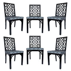 Set of Six Hollywood Regency Chinoiserie Chippendale Dining Chairs in Black
