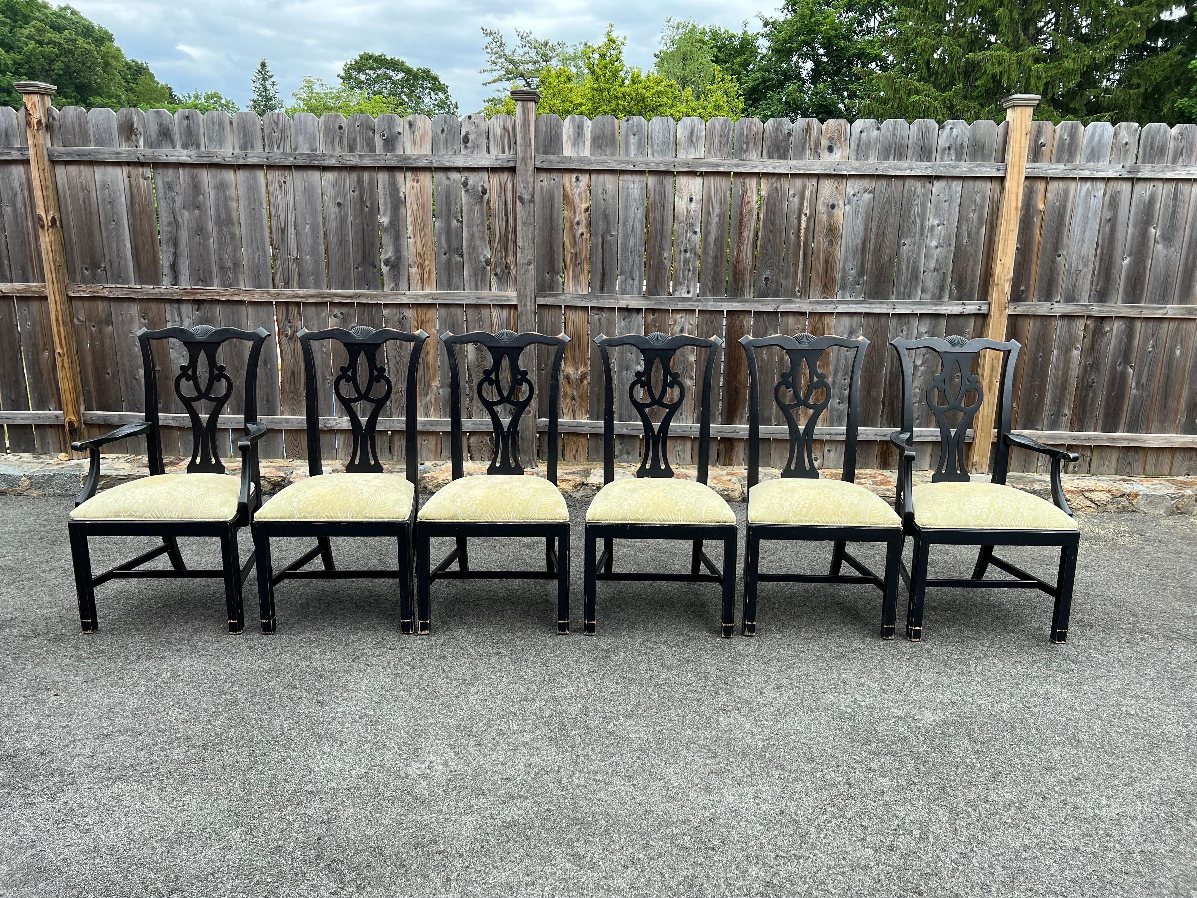 Set of Six Chippendale Dining Chairs in Black. Intentional distressed finish in a Chippendale carved back style. . Two arm chairs and four side chairs. Upholstered seats are in a pale sage green and white. Perfect for that country farmhouse. Recover