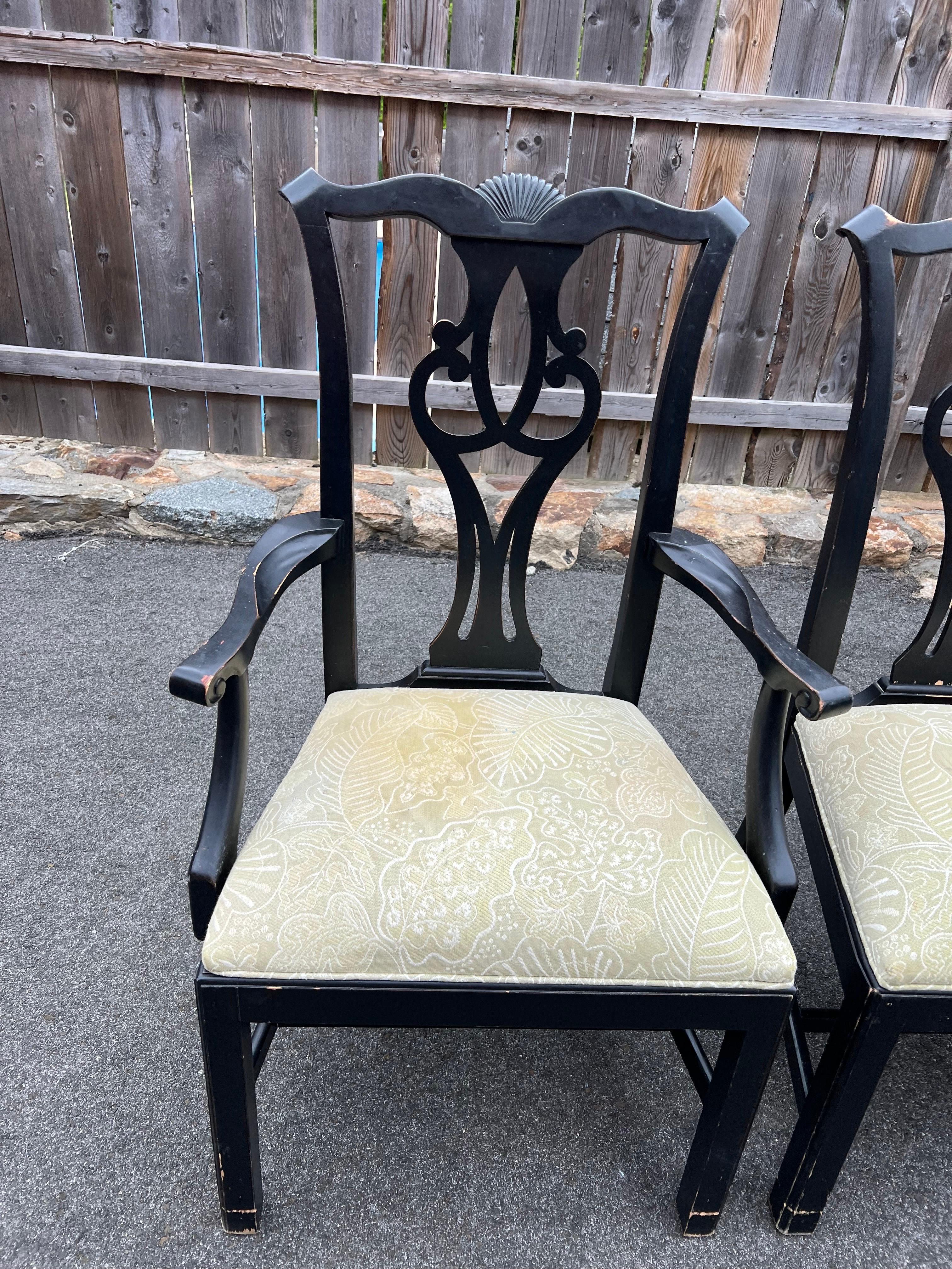 Upholstery SOLD-Set of Six Chippendale Ethan Allen Dining Chairs in Black For Sale