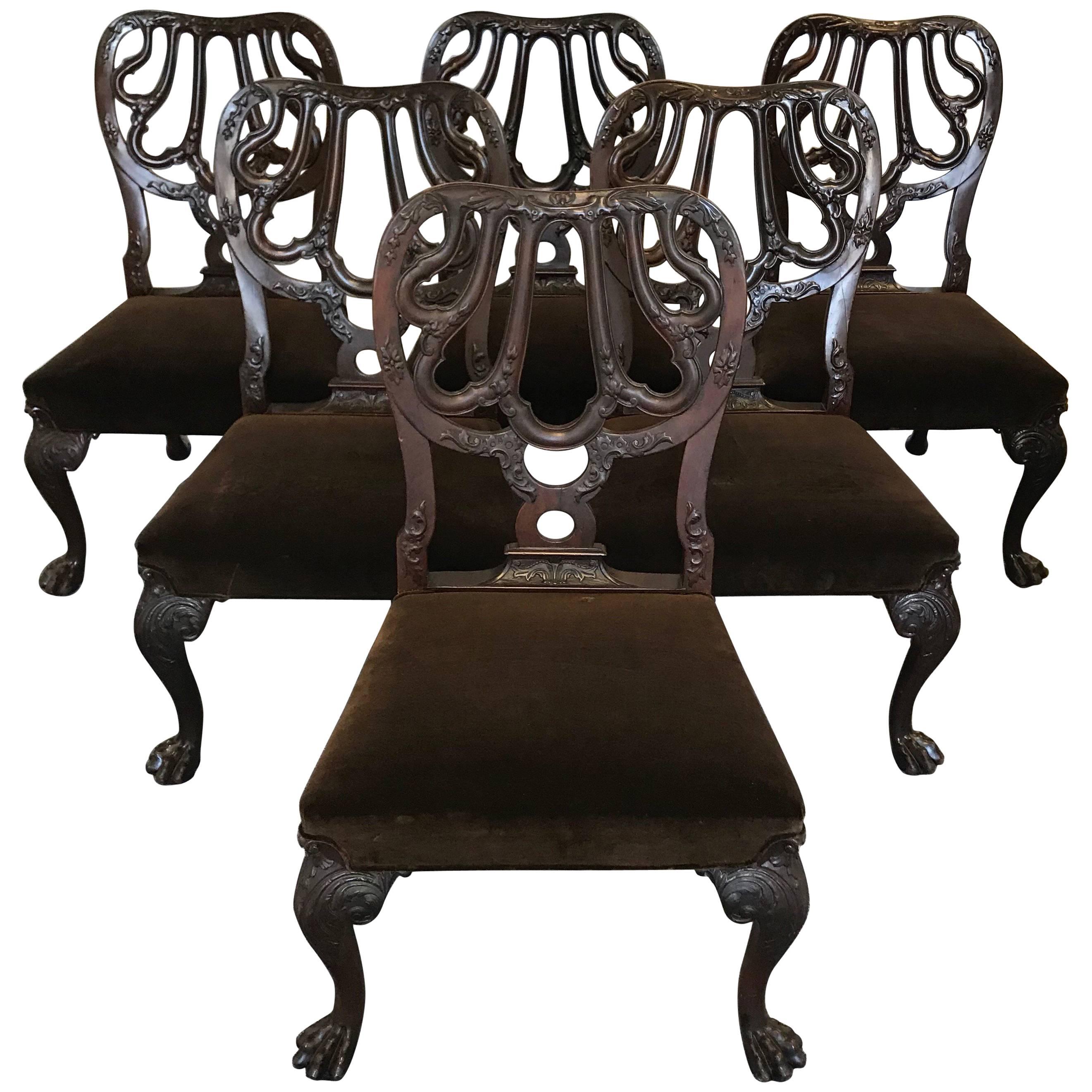 Set of Six Chippendale Style Mahogany Dining Chairs, 20th Century For Sale