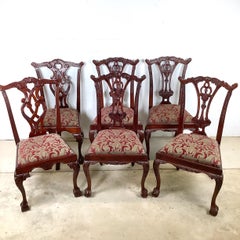 Set of Six Chippendale Style Mahogany Dining Chairs, Carved Splat Backs