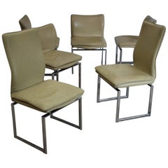 Set of Six Chrome and Cream Leather Dining Chairs