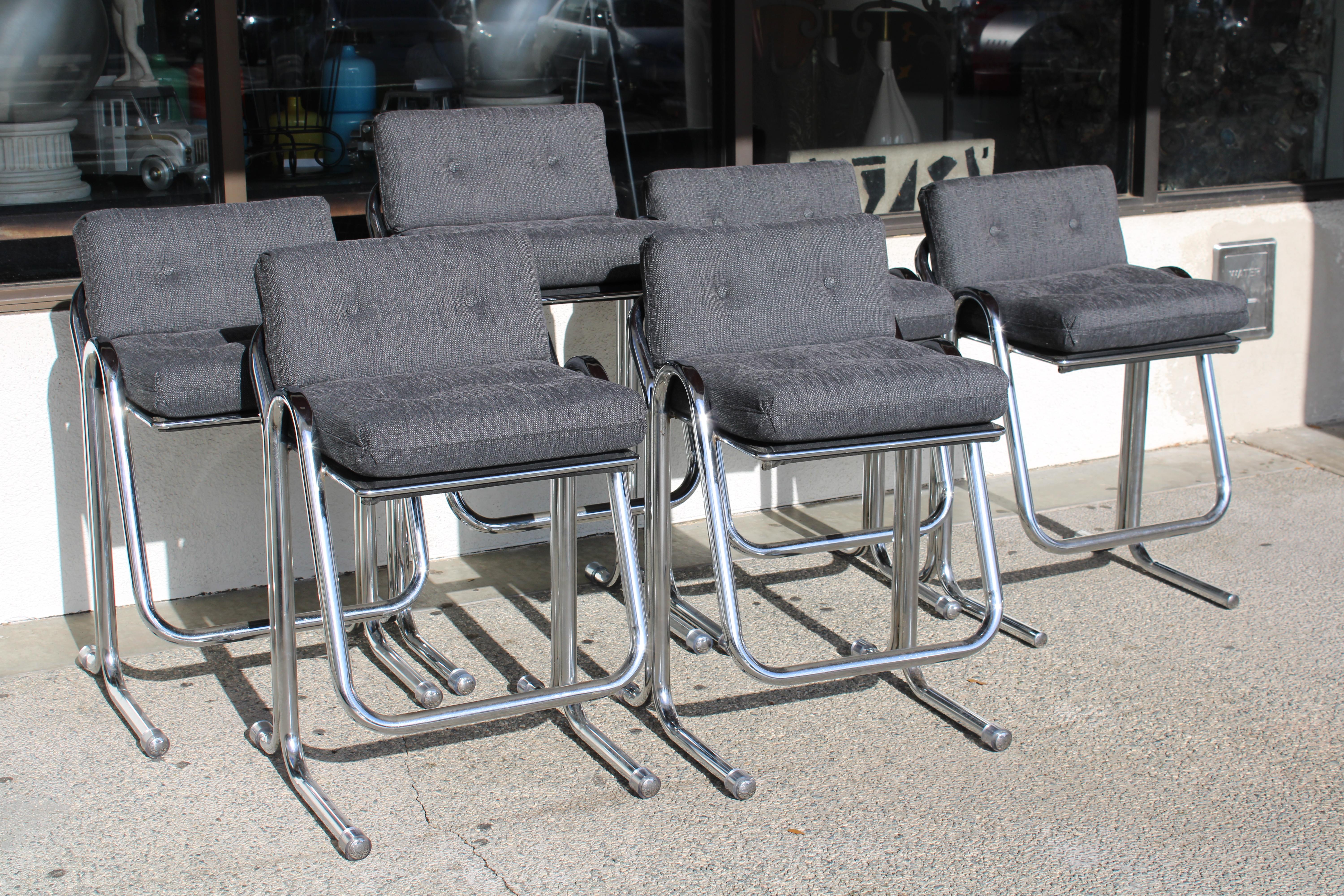 Modern Set of Six Chrome and Fabric Bar Stools by Jerry Johnson For Sale