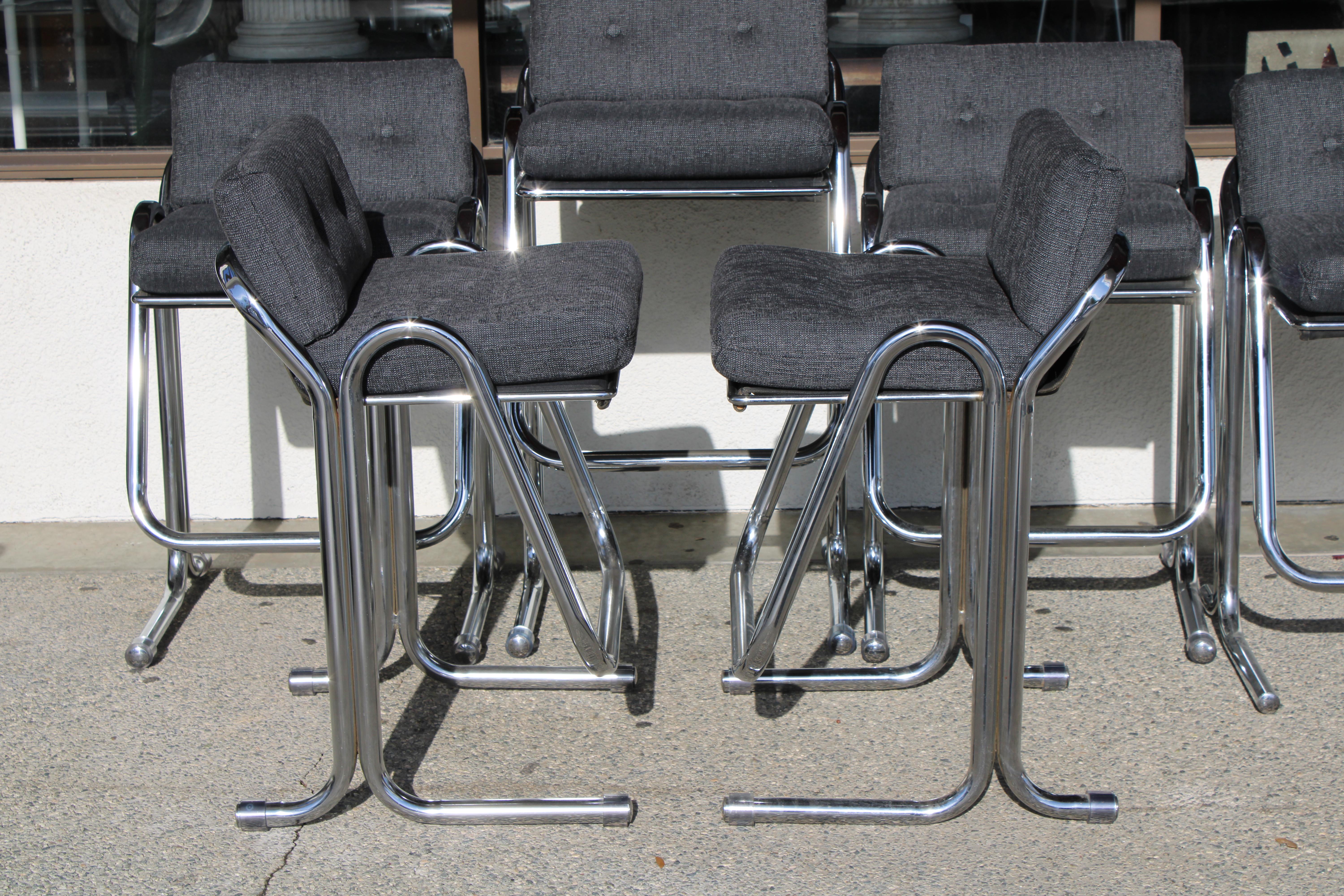 American Set of Six Chrome and Fabric Bar Stools by Jerry Johnson For Sale