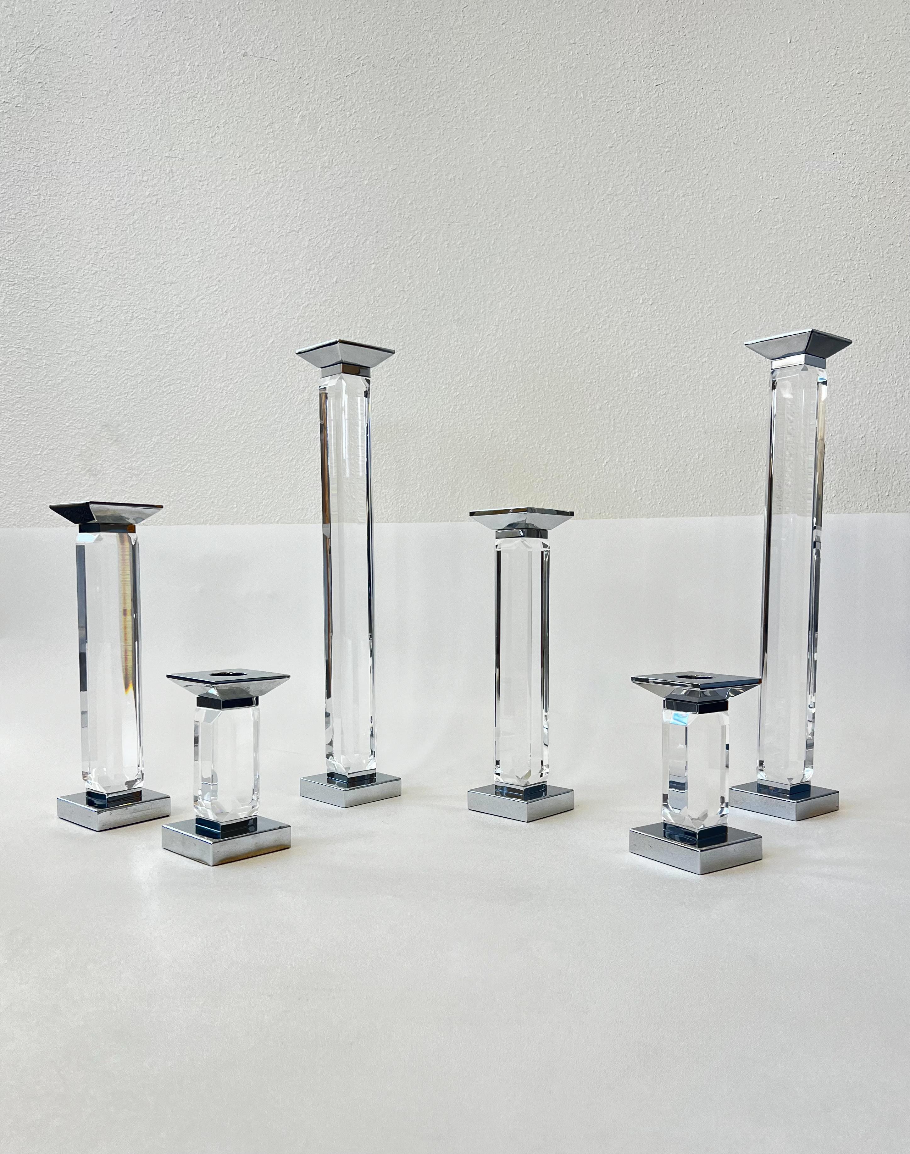 Set of Six Chrome and Lucite Candle Holders by Charles Hollis Jones In Good Condition For Sale In Palm Springs, CA
