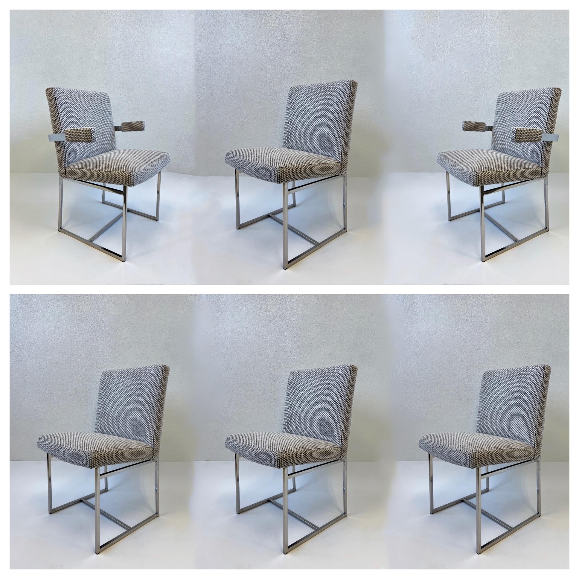 Set of Six Chrome and off White Velvet Dining Chairs by Milo Baughman  11