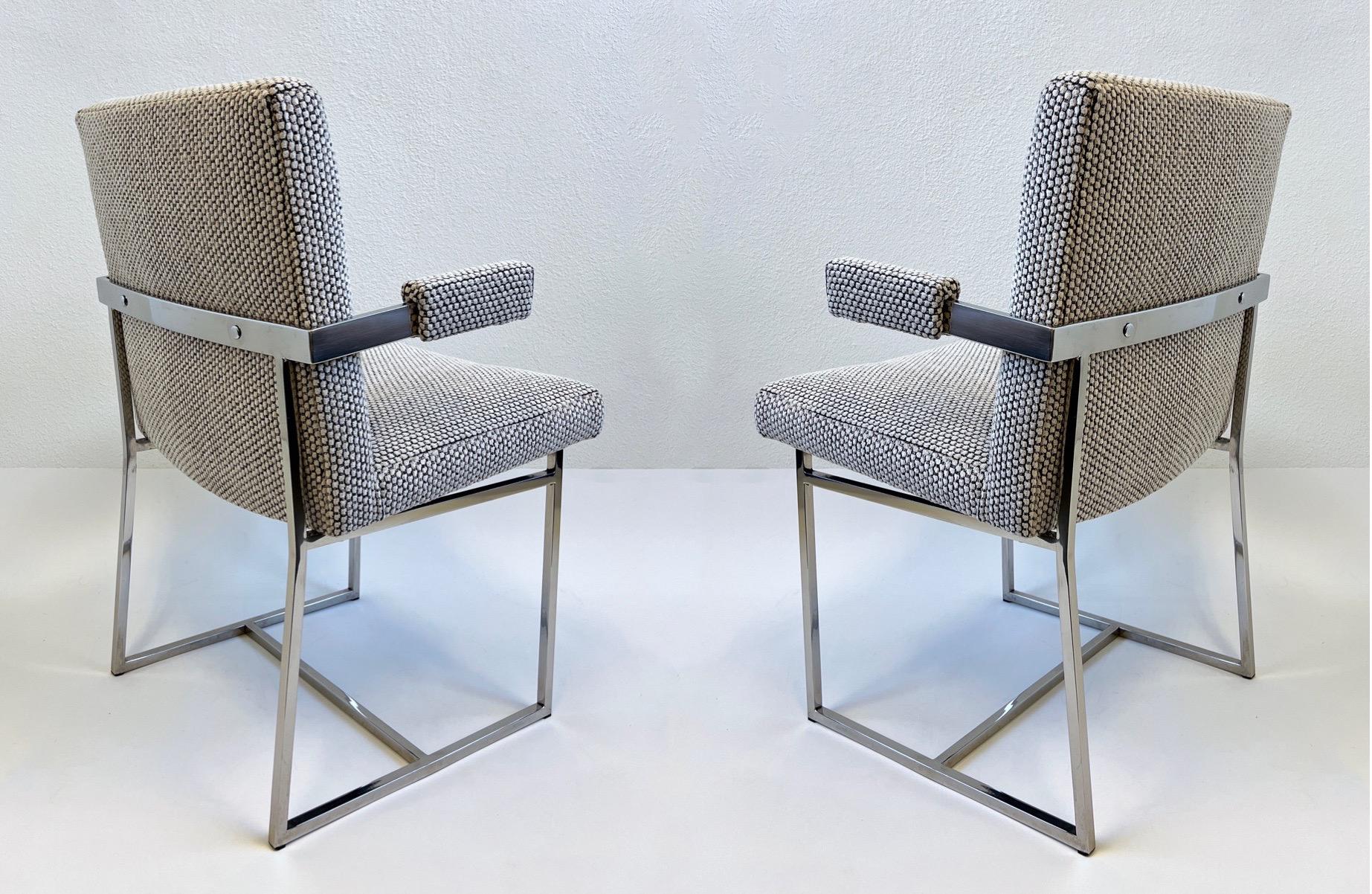 A cool set of six polish chrome and burnout off white velvet dining chairs by renowned American designer Milo Baughman for Thayer Coggin.
The set consists of two armchairs and four side chairs. 
The frames are in original condition with minor wear