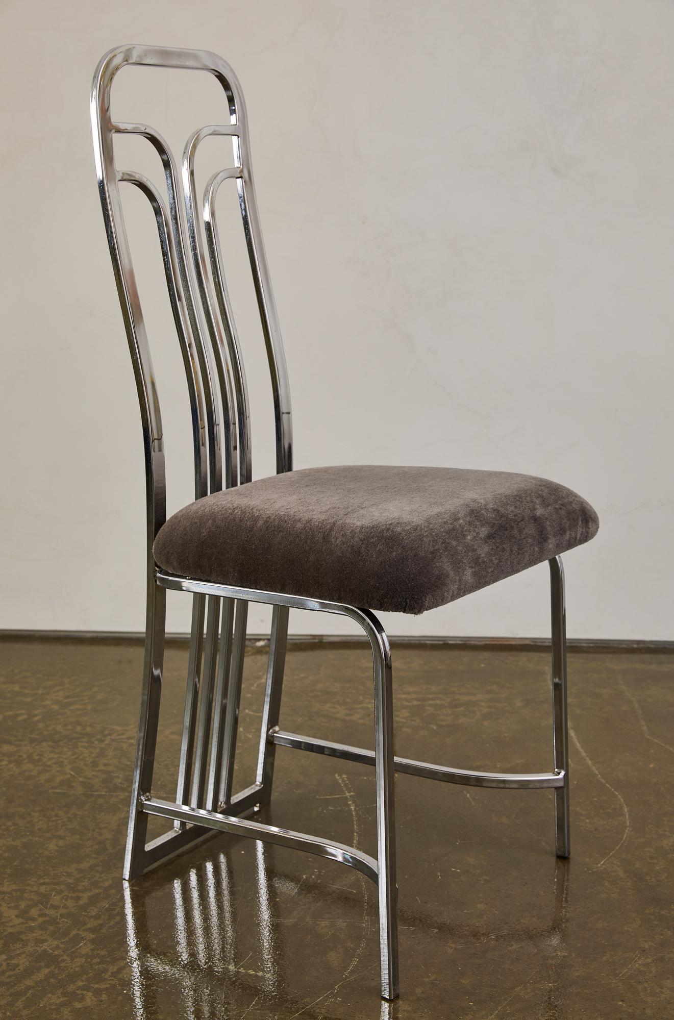 Modern Set of Six Chrome Art Deco Dining Chairs with Mohair Upholstery For Sale