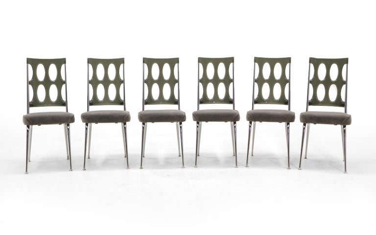 Set of 6 chrome craft high back dining chairs. Chrome frames with thick grey Lucite backs and new gray velvet seats. A striking and very cool set.