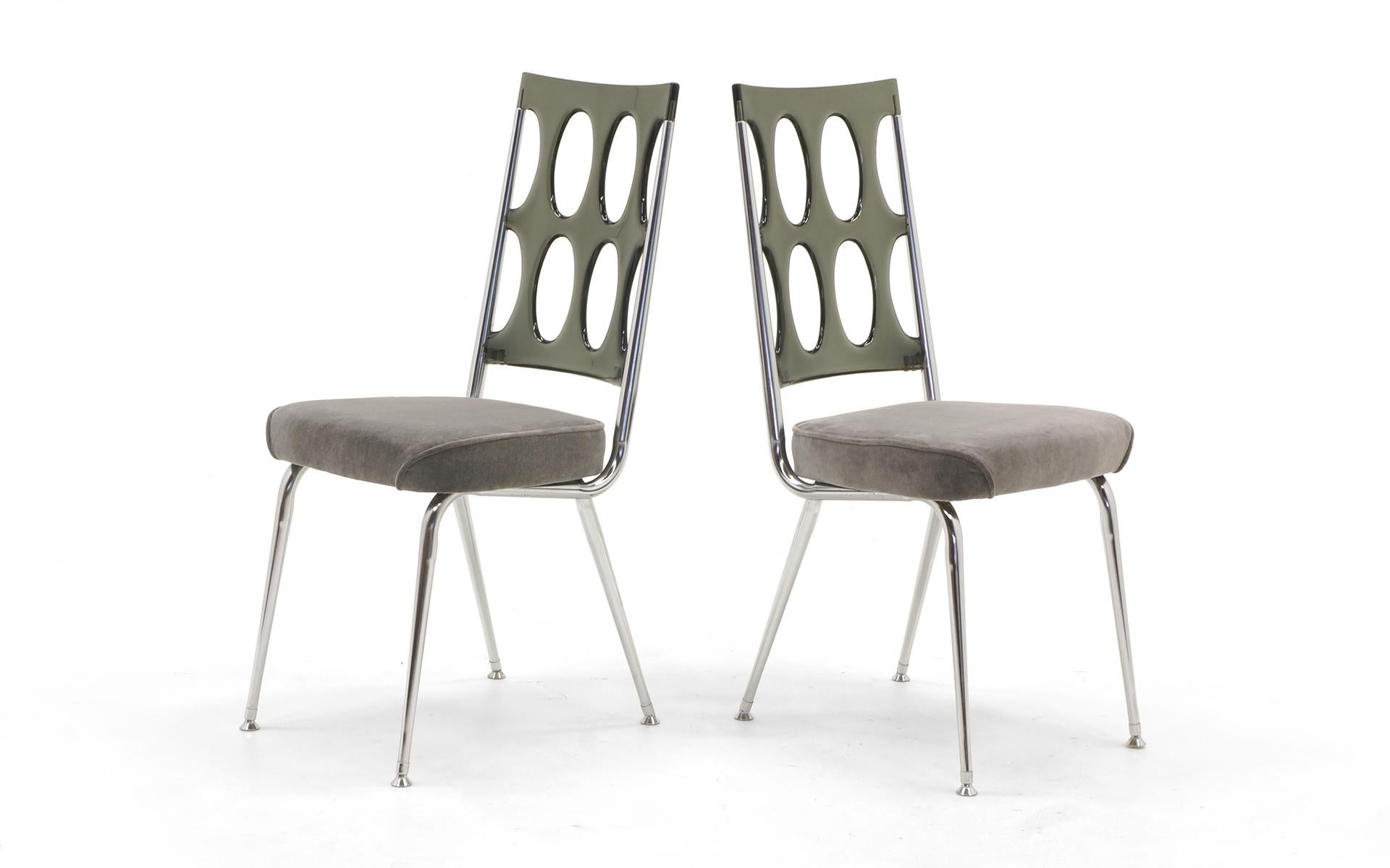 Mid-Century Modern Set of Six Chrome Craft Dining Chairs, Gray Acrylic Backs and New Velvet Seats