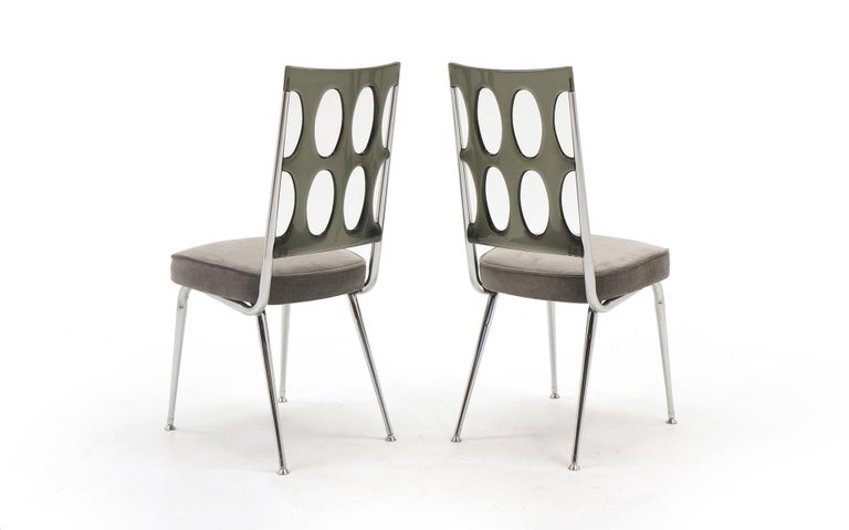 Mid-20th Century Set of Six Chrome Craft Dining Chairs, Gray Acrylic Backs and New Velvet Seats For Sale