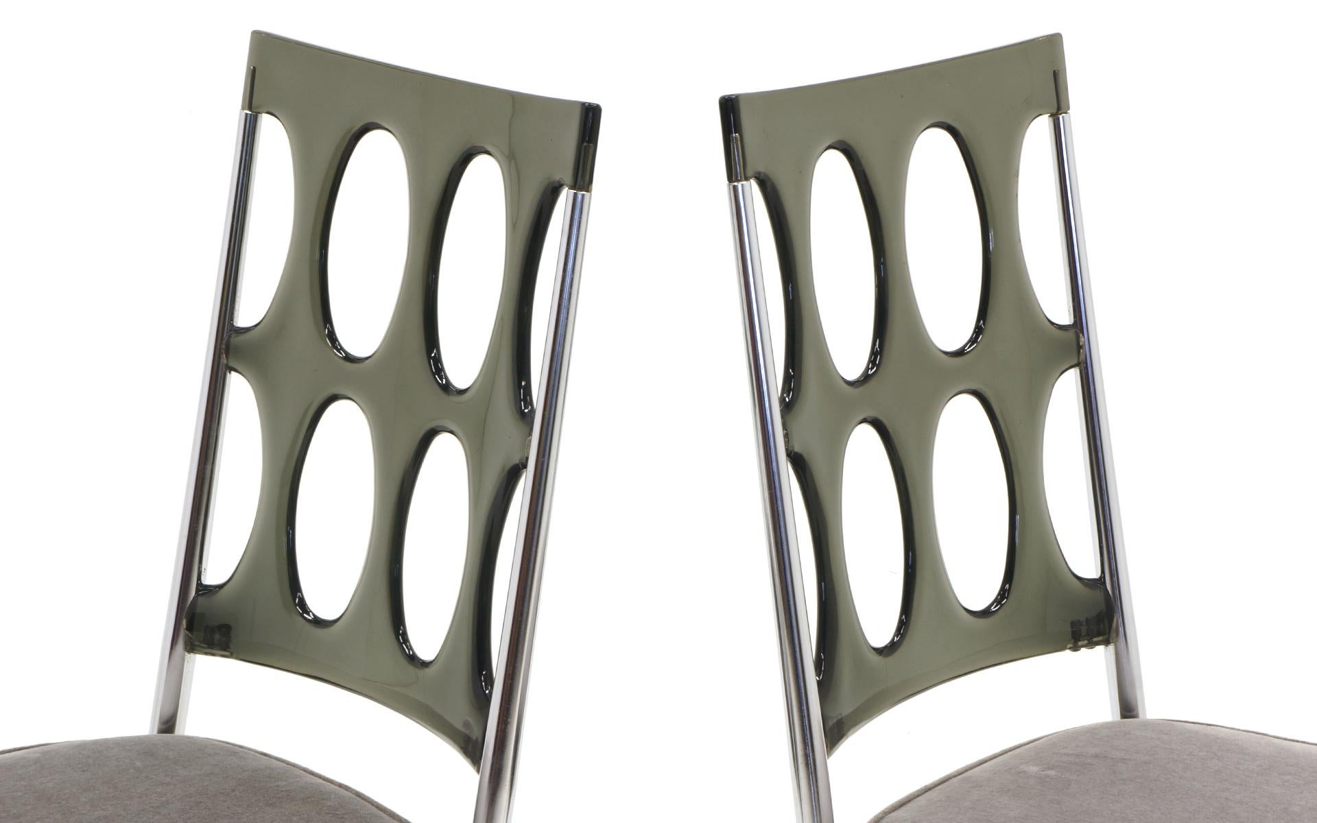 Mid-20th Century Set of Six Chrome Craft Dining Chairs, Gray Acrylic Backs and New Velvet Seats