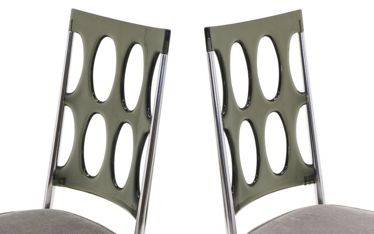 Upholstery Set of Six Chrome Craft Dining Chairs, Gray Acrylic Backs and New Velvet Seats For Sale