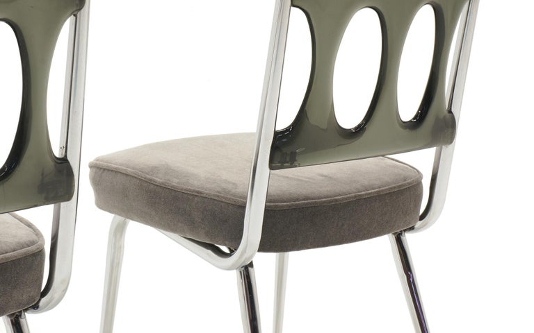 Set of Six Chrome Craft Dining Chairs, Gray Acrylic Backs and New Velvet Seats For Sale 1