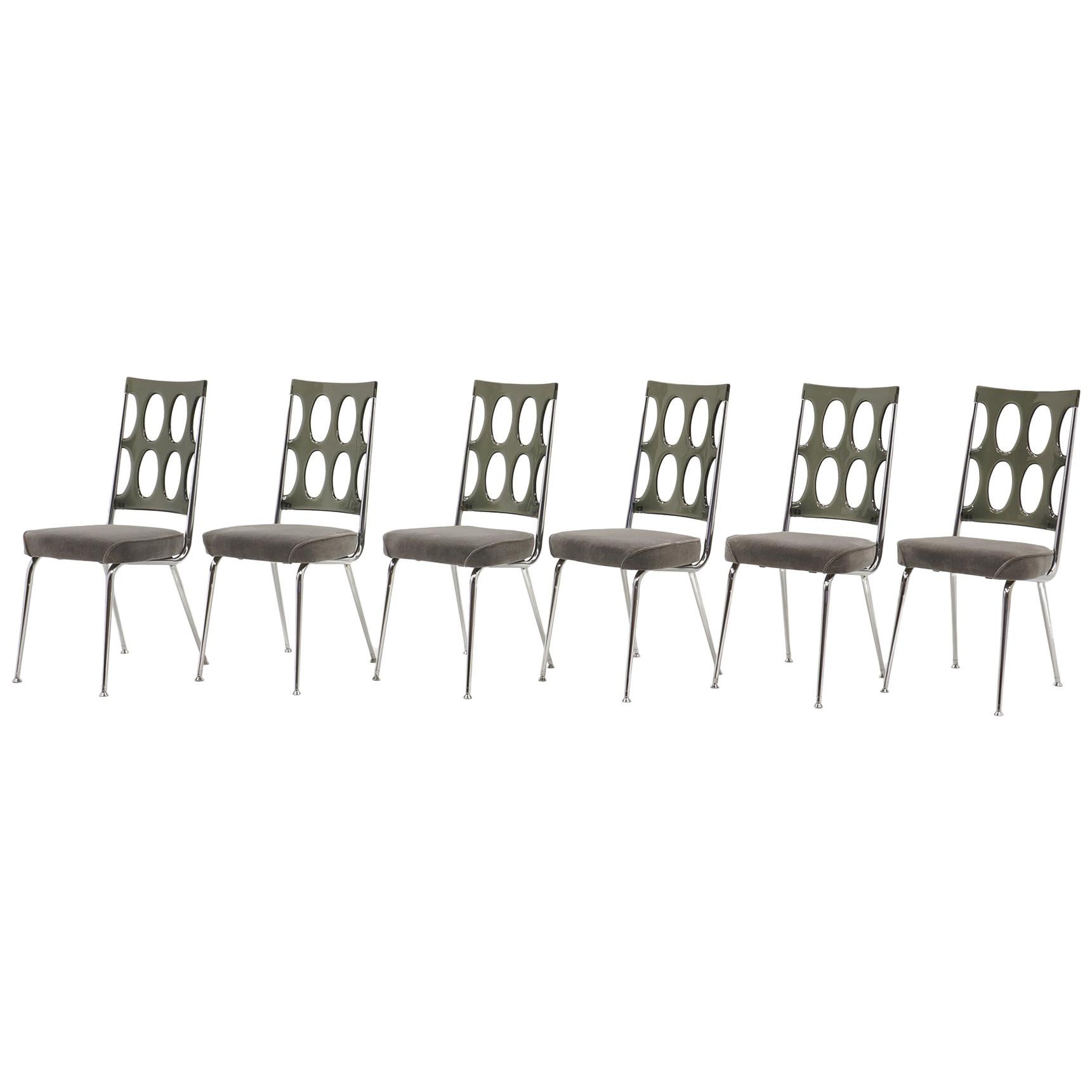 Set of Six Chrome Craft Dining Chairs, Gray Acrylic Backs and New Velvet Seats