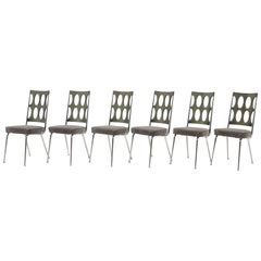 Set of Six Chrome Craft Dining Chairs, Gray Acrylic Backs and New Velvet Seats