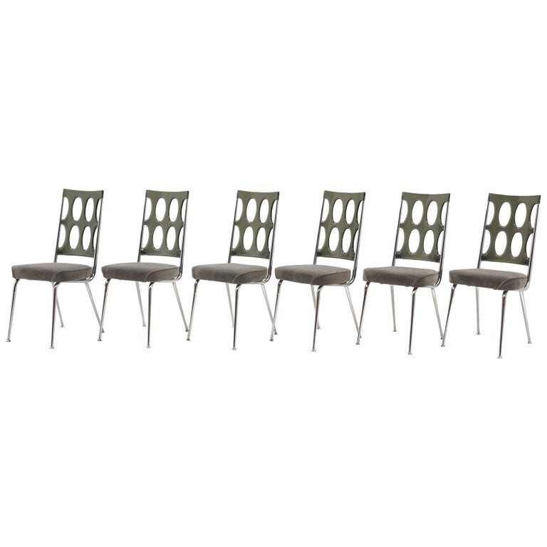 Set of Six Chrome Craft Dining Chairs, Gray Acrylic Backs and New Velvet Seats For Sale