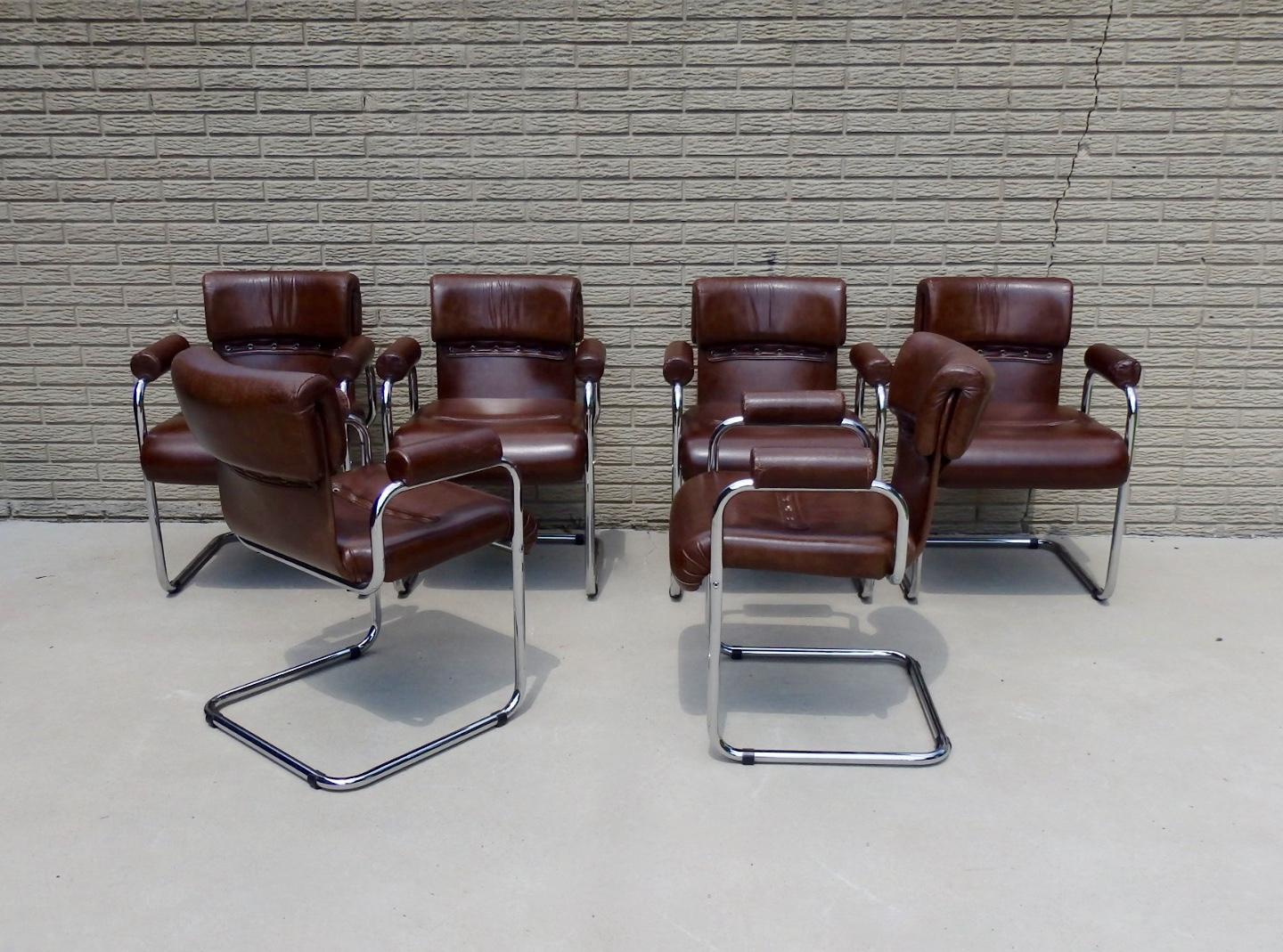 Mid-Century Modern Set of Six Chrome Frame Leather Guido Faleschini for Mariani Chairs