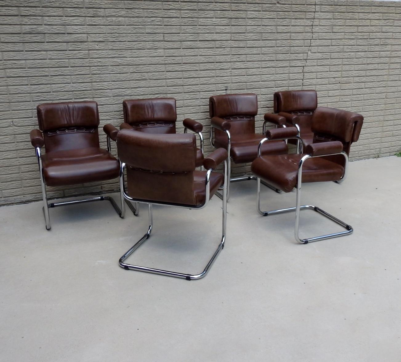 Italian Set of Six Chrome Frame Leather Guido Faleschini for Mariani Chairs