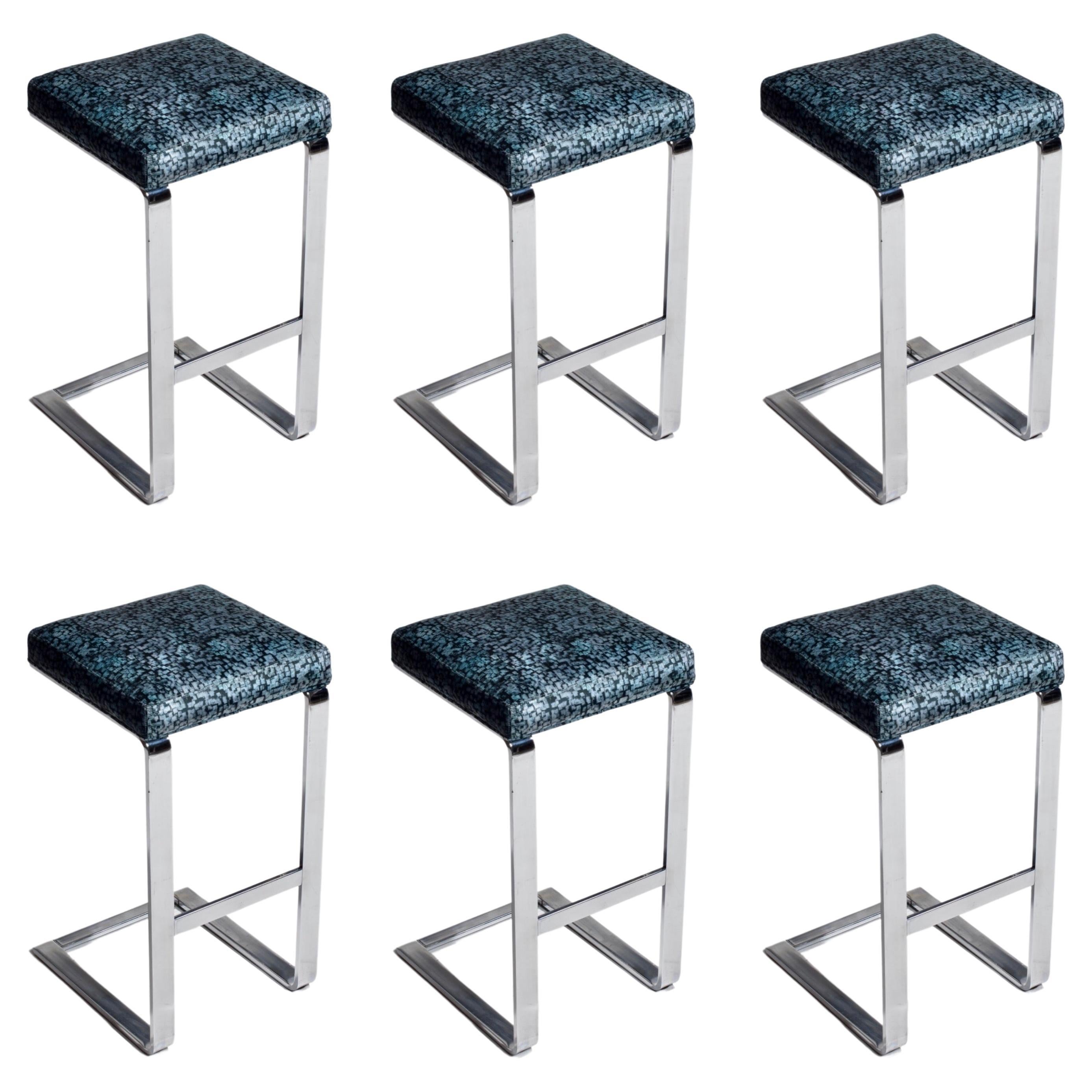 Set of Six Chrome-Plated Flat Bar Steel Barstools, Pace Collection, c1970s For Sale