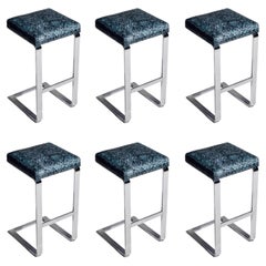 Set of Six Chrome-Plated Flat Bar Steel Barstools, Pace Collection, c1970s
