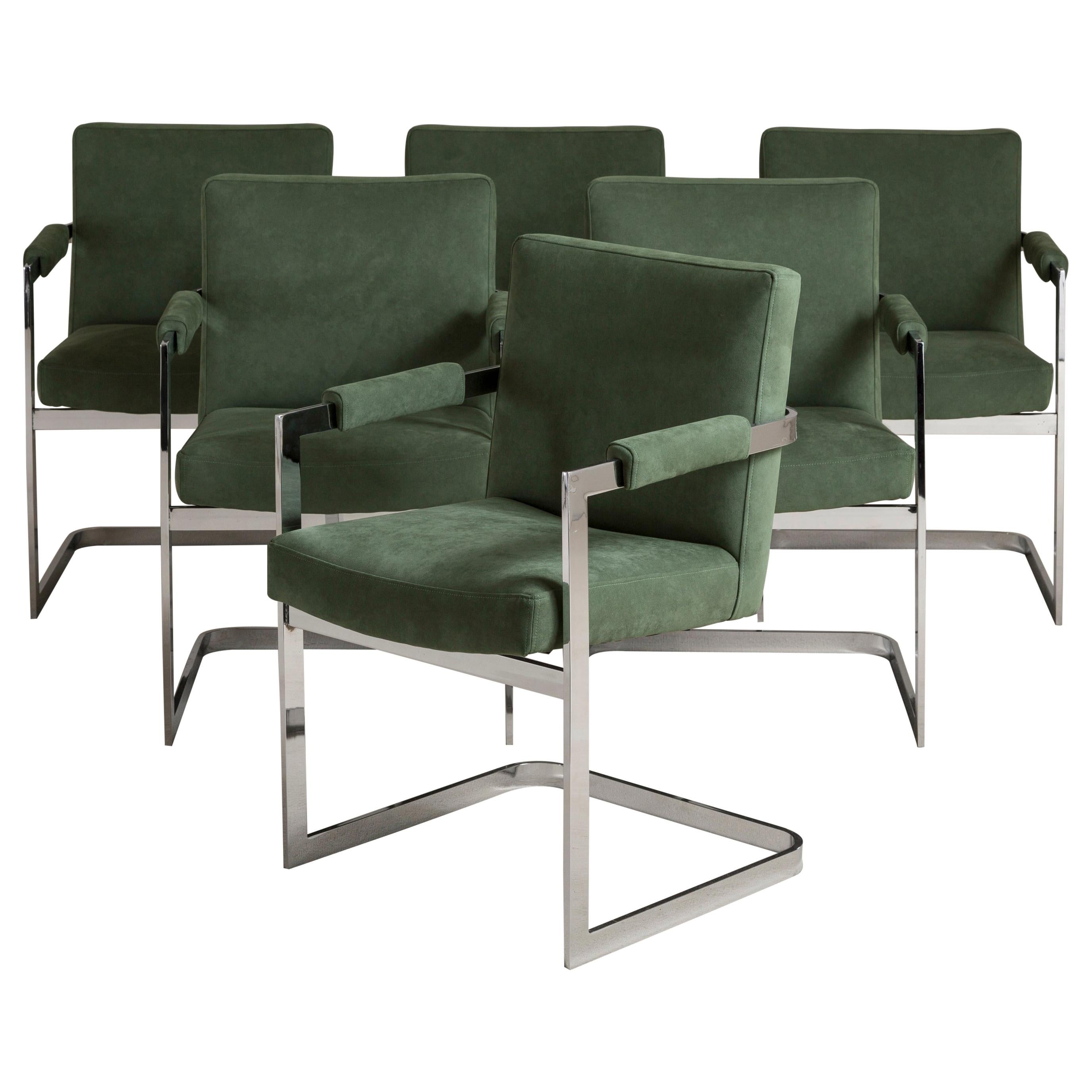 Set of Six Chromium Steel Cantilevered Armchairs, 1970s