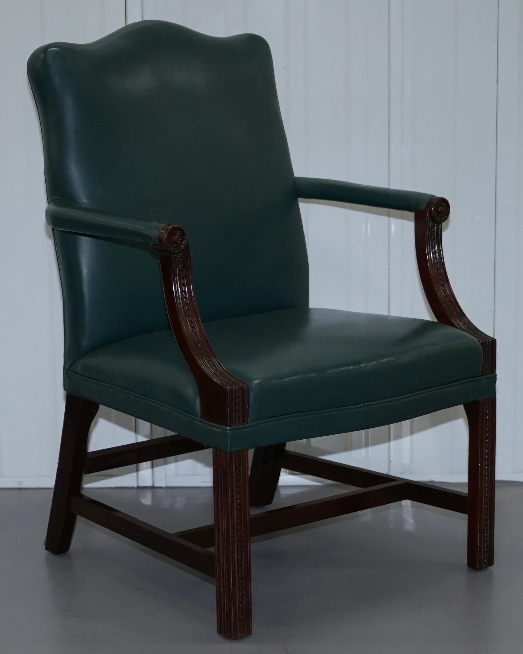Set of Six circa 1900 Carved Mahogany and Green Leather Gainsborough Armchairs 6 5