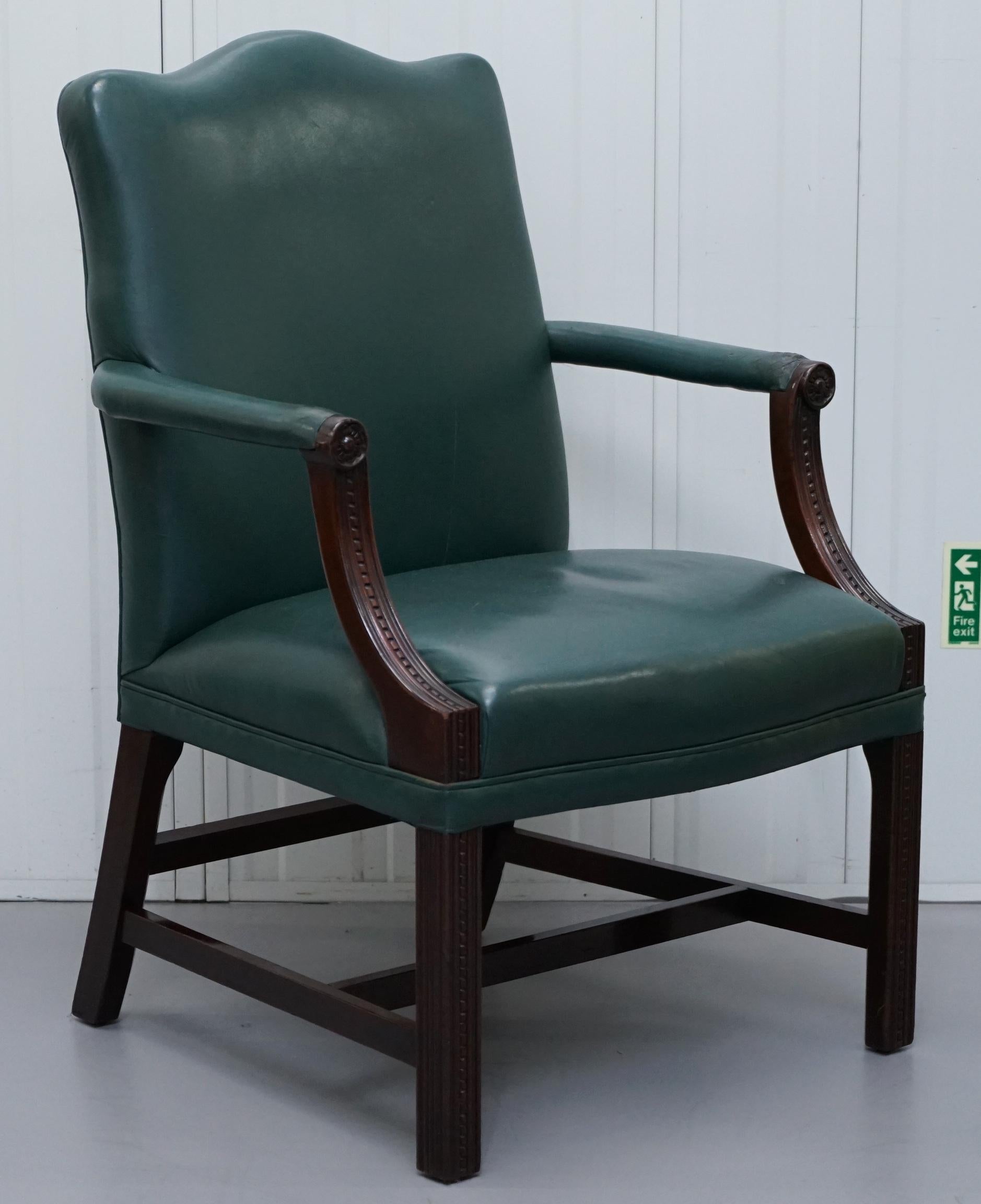 We are delighted to offer for sale this stunning set of six Gainsborough carver armchairs in Green leather with hand carved mahogany H-frames circa 1900

The chairs are a lovely find and in original condition throughout, most of them are perfect