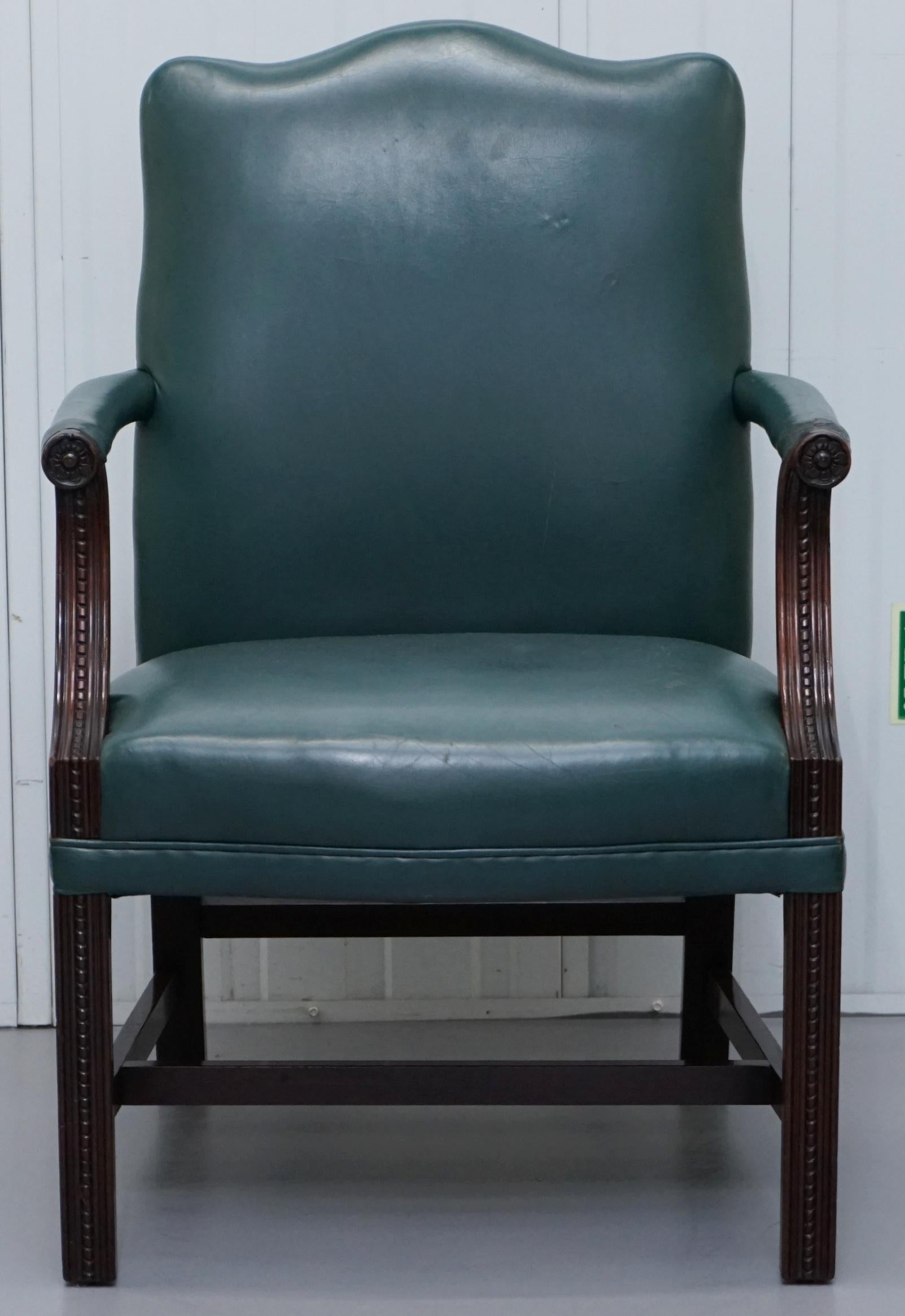 Victorian Set of Six circa 1900 Carved Mahogany and Green Leather Gainsborough Armchairs 6