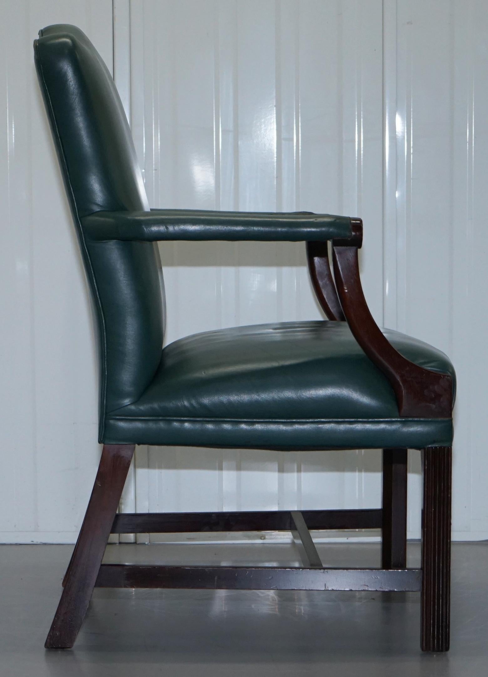 Set of Six circa 1900 Carved Mahogany and Green Leather Gainsborough Armchairs 6 3