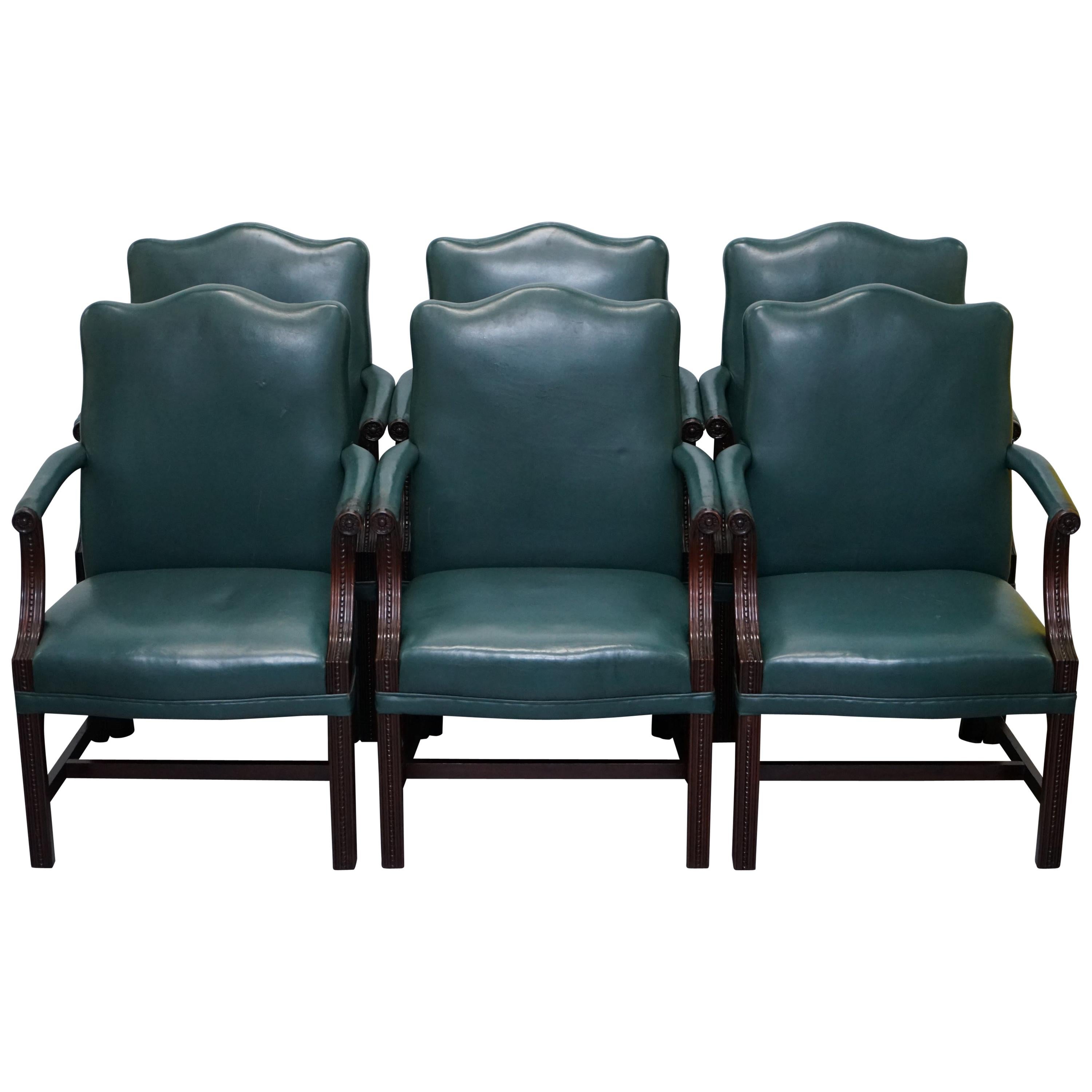 Set of Six circa 1900 Carved Mahogany and Green Leather Gainsborough Armchairs 6