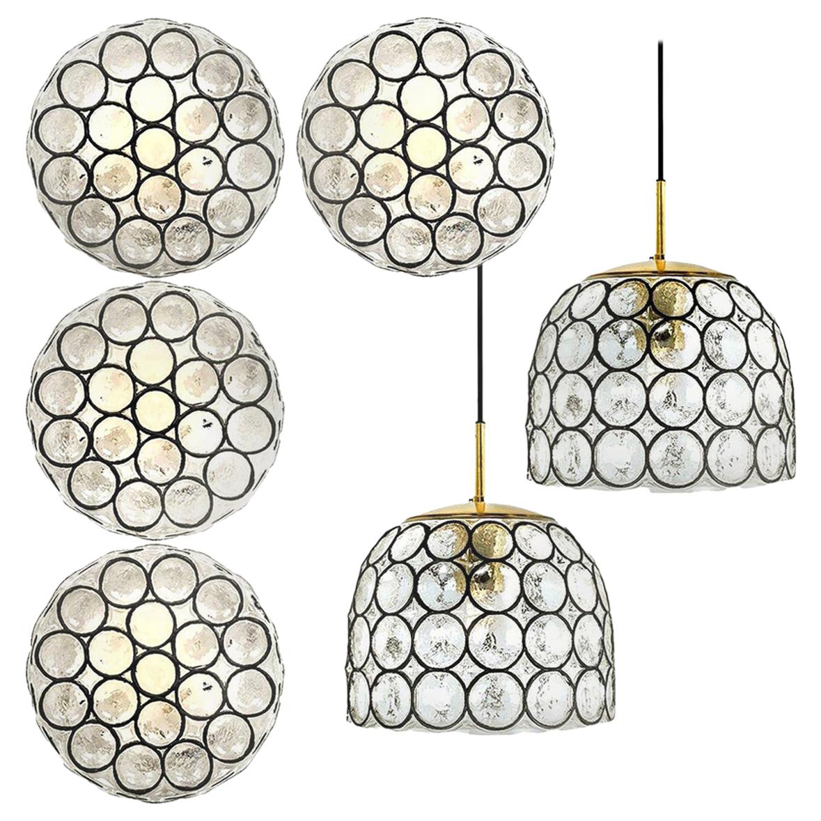 Set of Six Circle Iron and Bubble Glass Sconces Light Fixtures, Glashütte, 1960