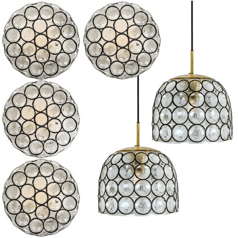 Set Of Six Circle Iron And Bubble Glass Sconces Light Fixtures Glashütte 1960