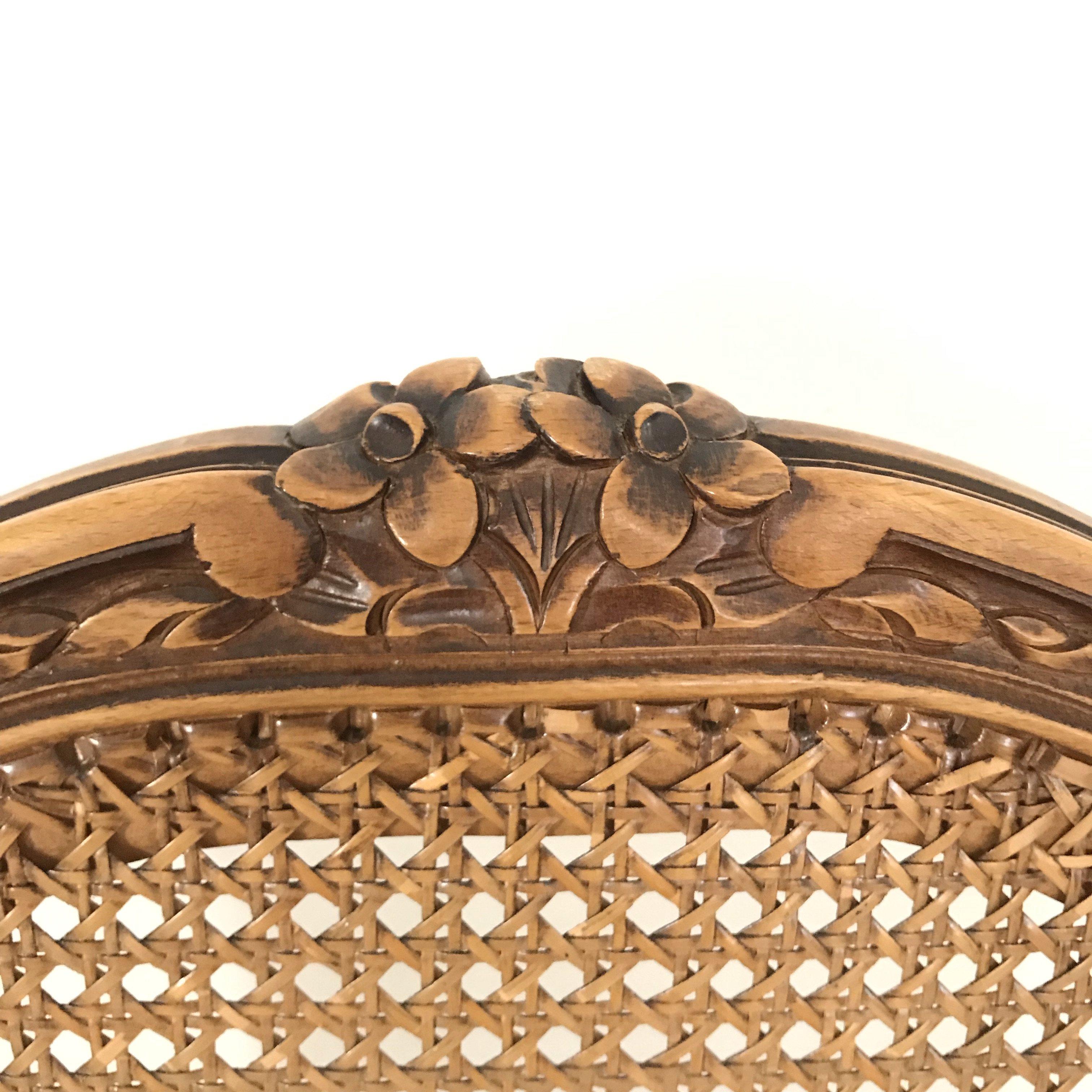 Beautiful set of 6 French caned Louis XV walnut chairs. Lovely floral carvings throughout! Two have some minor caning damage (see photos).
Measures: H to seat 17.75”
#1991.