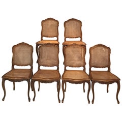 Set of Six Classic French Carved and Caned Louis XV Walnut Chairs