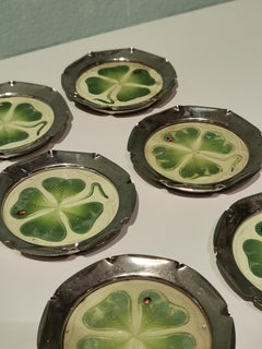 Set of Six Coasters Art Nouveau Enameled with Four-Leaf Clover Ceramic Inserts