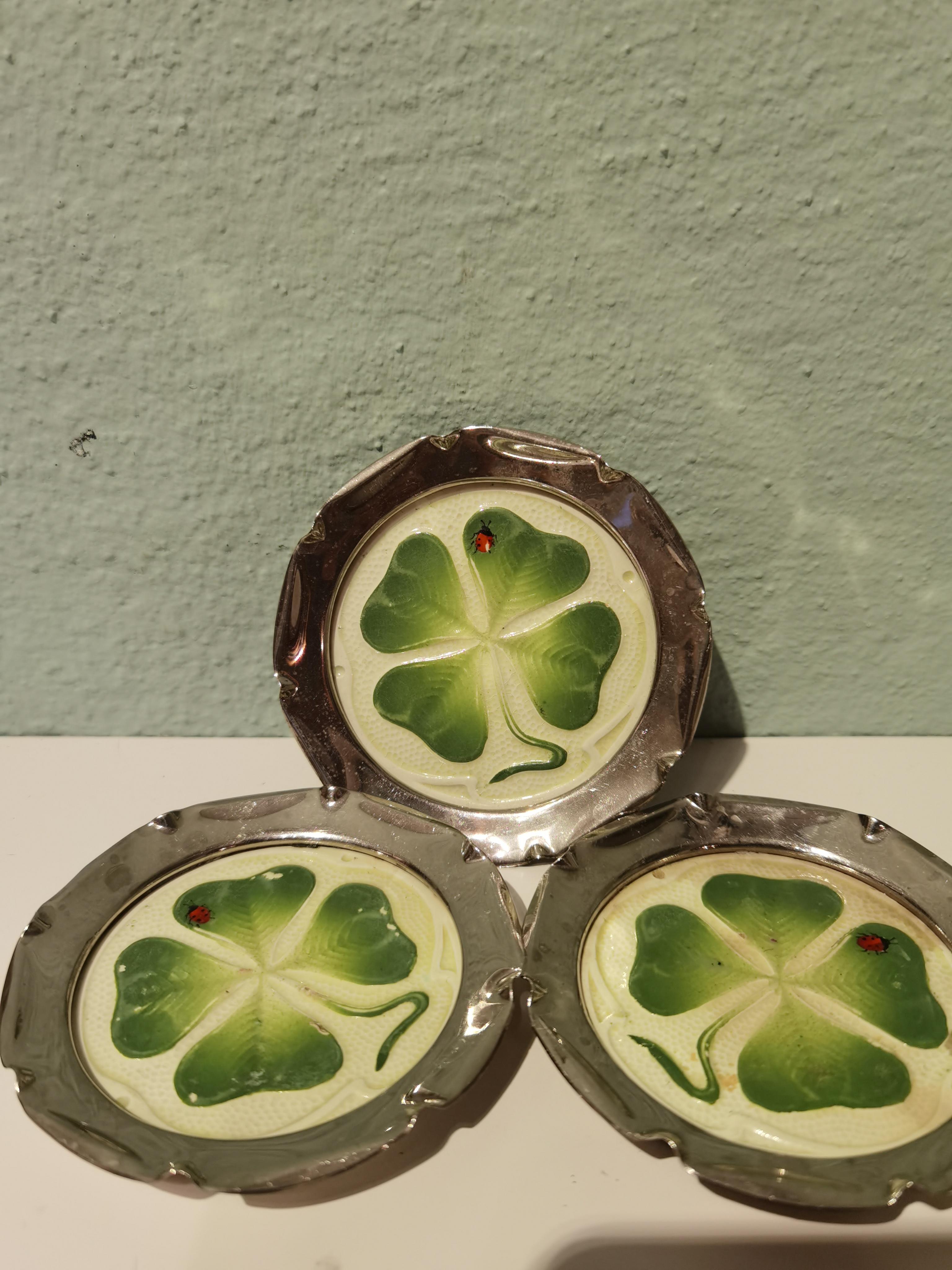 German Set of Six Coasters Art Nouveau Enameled with Four-Leaf Clover Ceramic Inserts