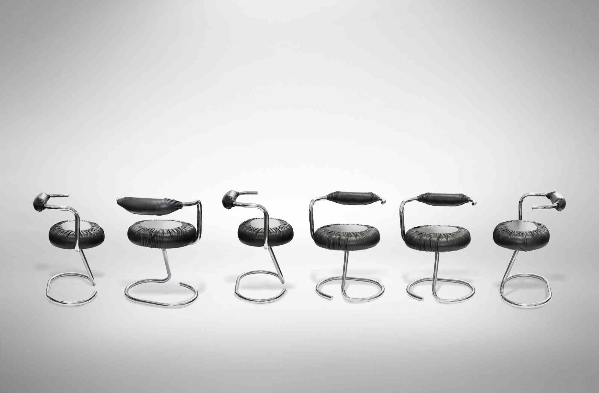 Italian Set of Six Cobra Chairs black Leather by Giotto Stoppino, 1970s For Sale