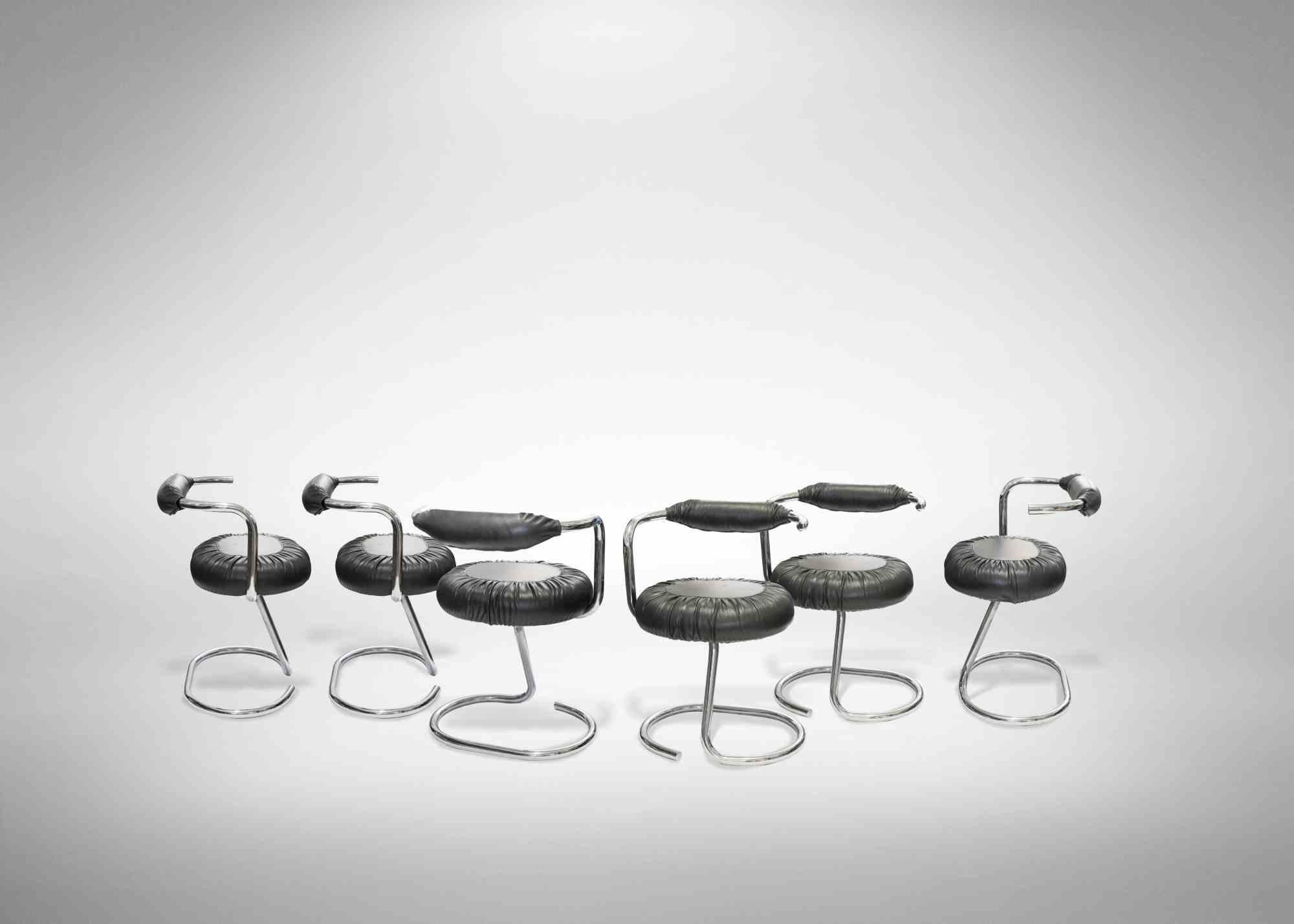 Set of Six Cobra Chairs black Leather by Giotto Stoppino, 1970s In Good Condition For Sale In Roma, IT