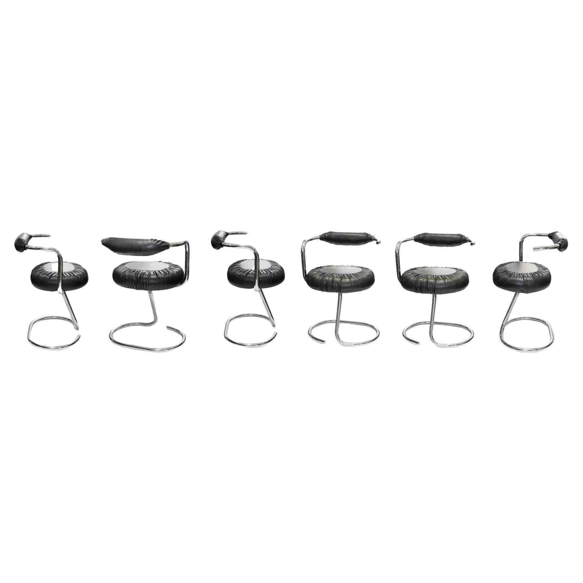Set of Six Cobra Chairs black Leather by Giotto Stoppino, 1970s