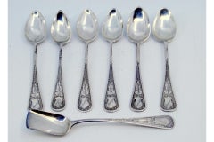 Set of six coffee spoons & sugar shovel in guilloche silver w/ monogram cards