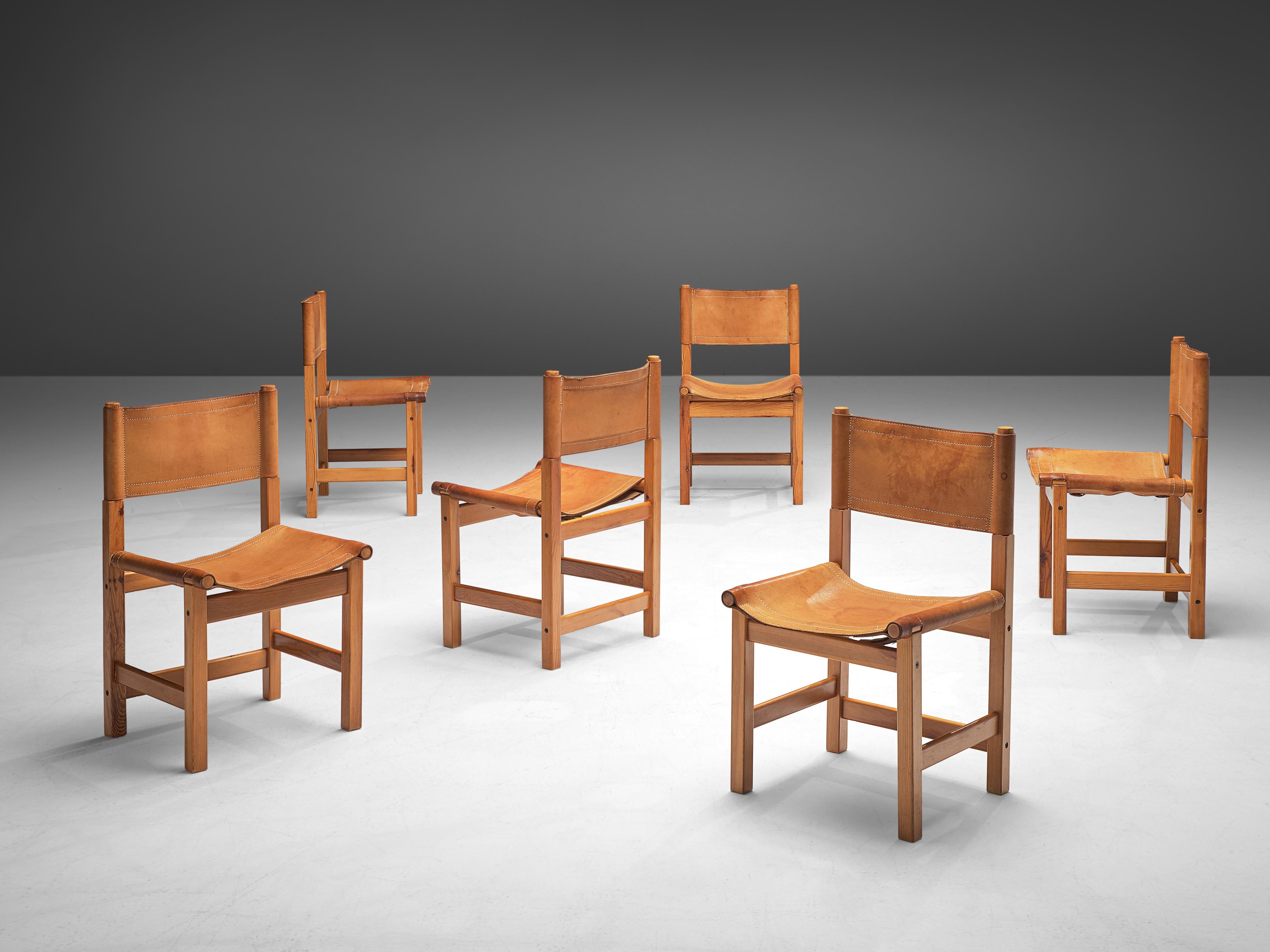 Mid-20th Century French Set of Six Dining Chairs in Cognac Leather and Pine 