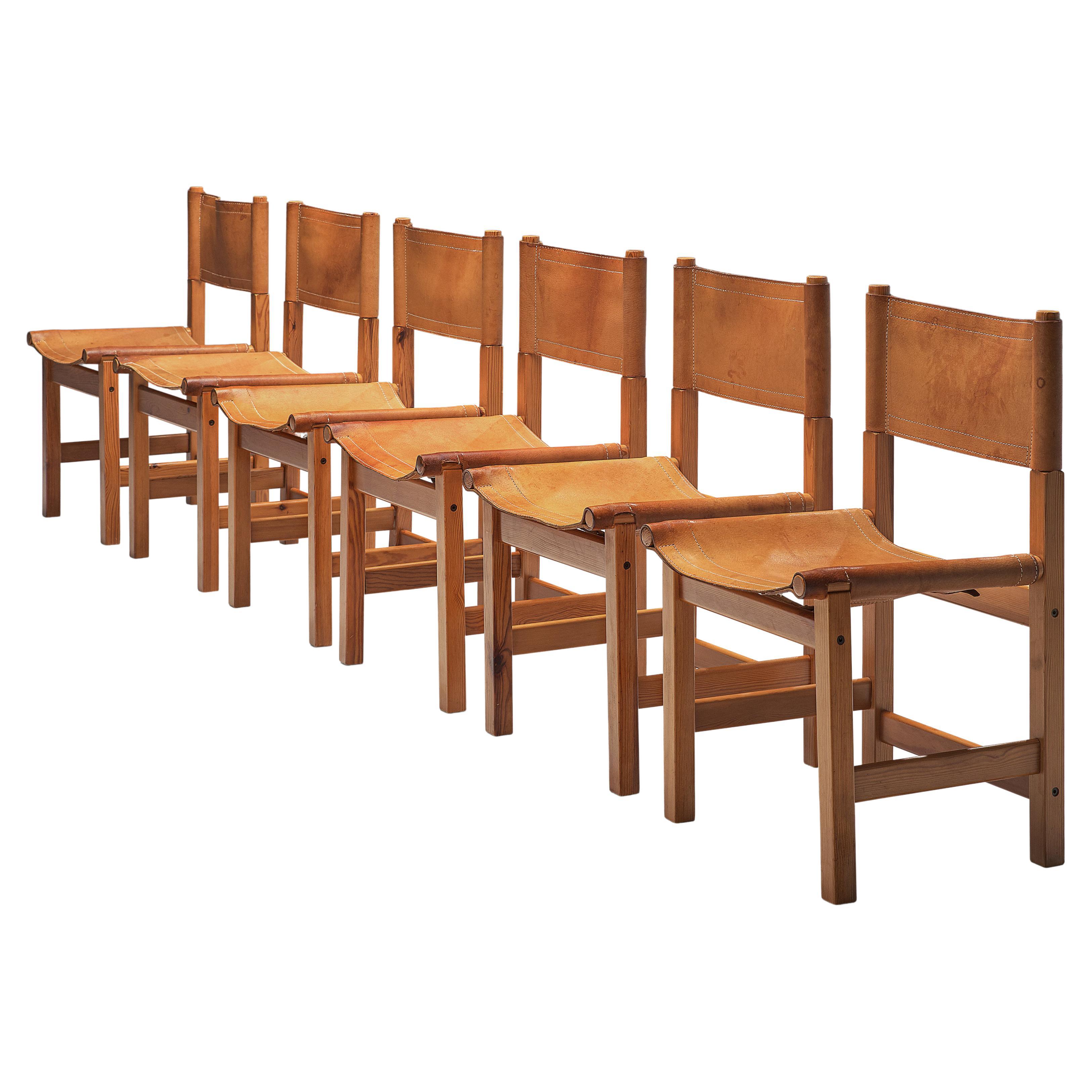 Set of Six Cognac Leather and Pine Wood Dining Chairs