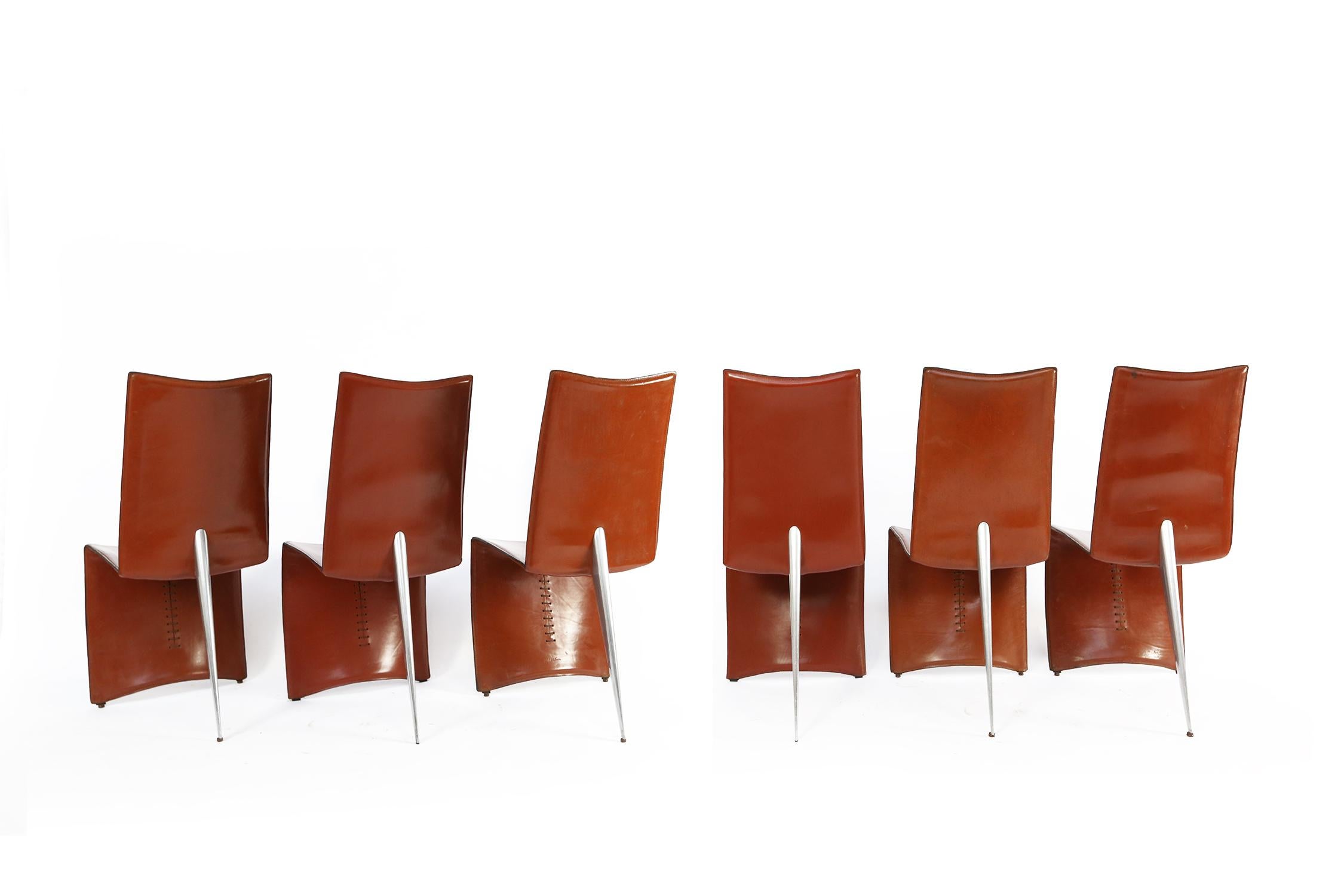 Post-Modern Set of Six Cognac Leather ‘Ed Archer' Chairs by Philippe Starck for Aleph, Italy