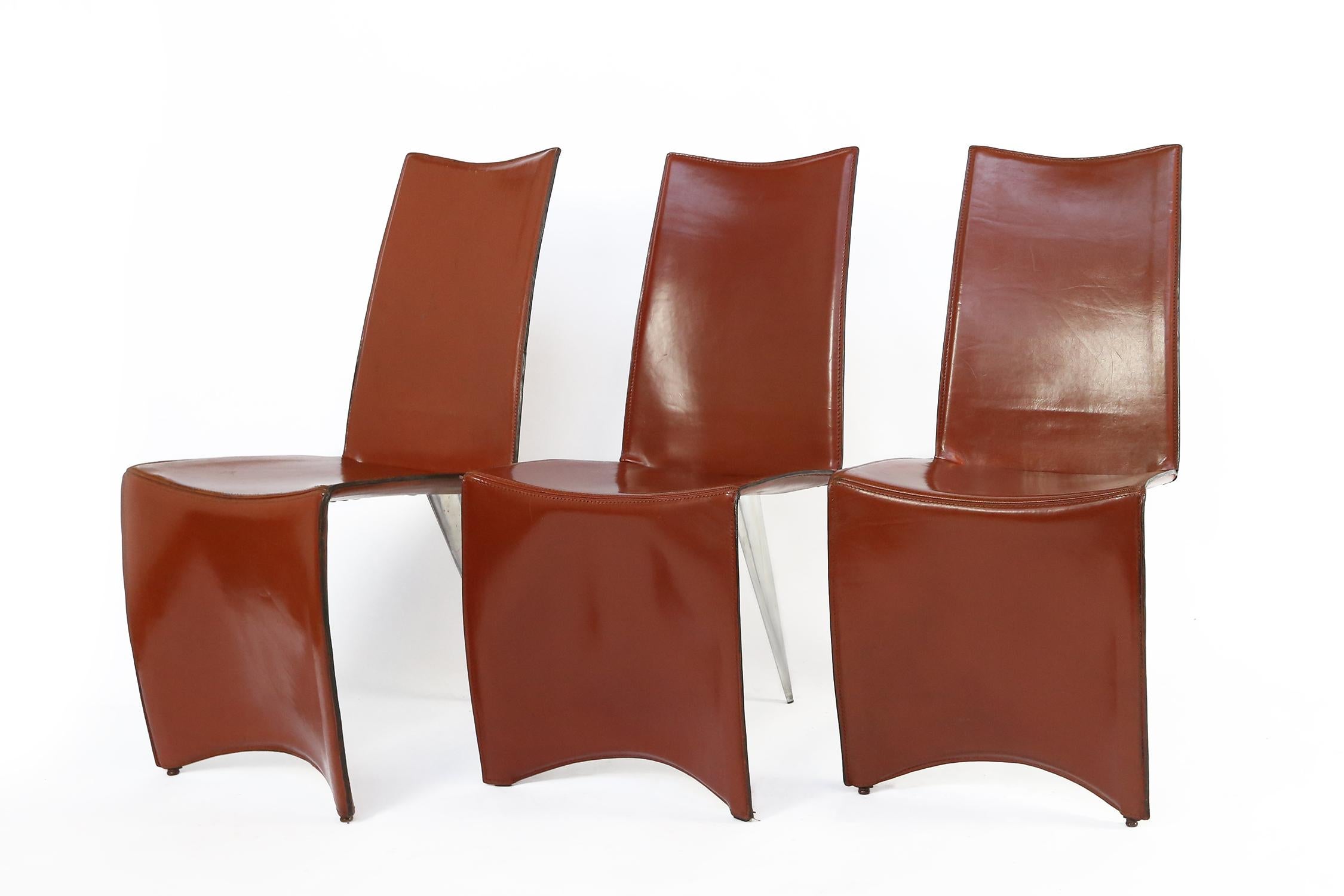 Italian Set of Six Cognac Leather �‘Ed Archer' Chairs by Philippe Starck for Aleph, Italy