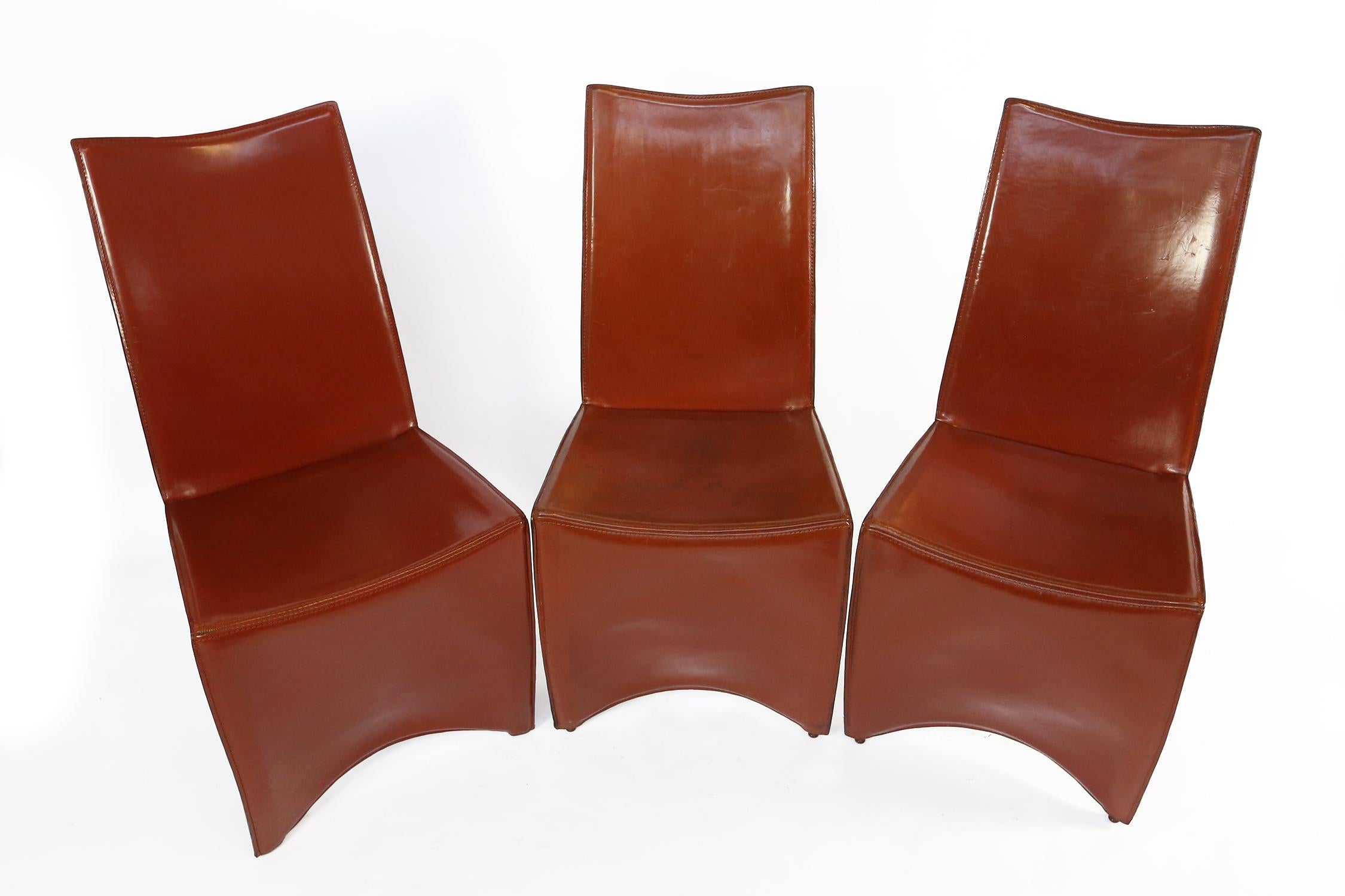 Late 20th Century Set of Six Cognac Leather ‘Ed Archer' Chairs by Philippe Starck for Aleph, Italy