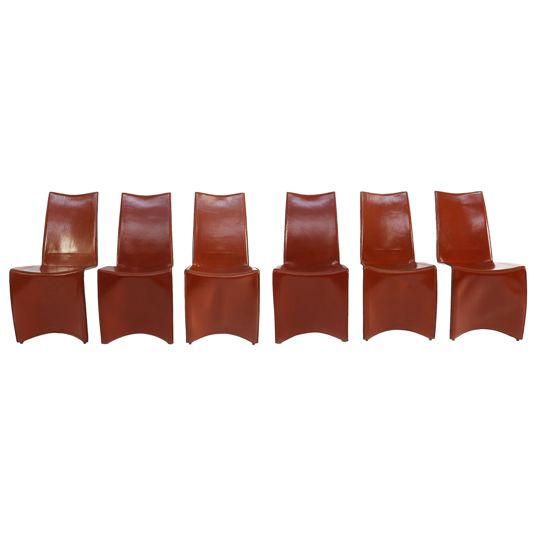 Set of Six Cognac Leather ‘Ed Archer' Chairs by Philippe Starck for Aleph, Italy